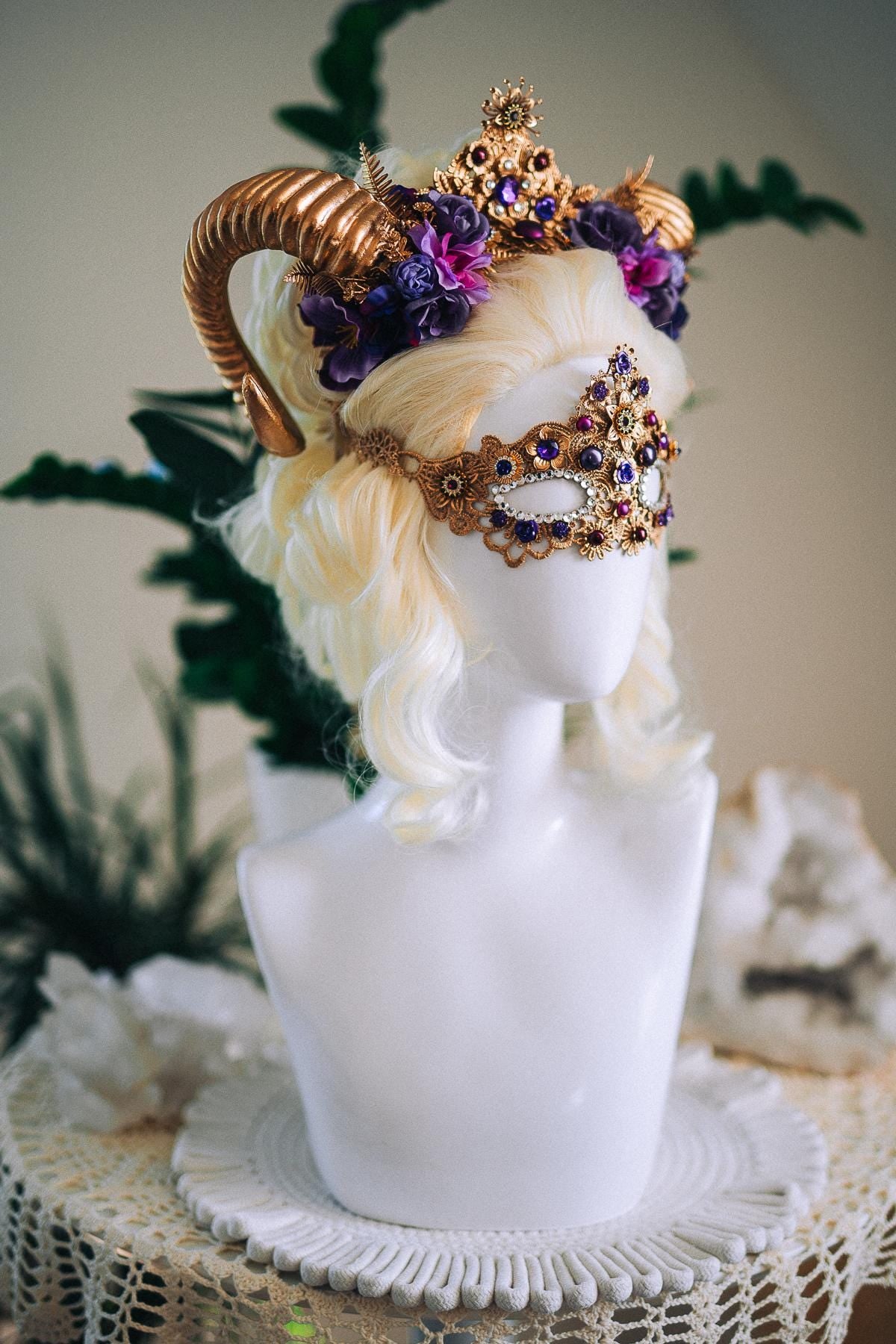 Aries Ram Crown, Fantasy Goddess Crown, Zodiac Headpiece, Horn Crown, Purple Gold Crown, Masquerade Crown, Renaissance Headpiece