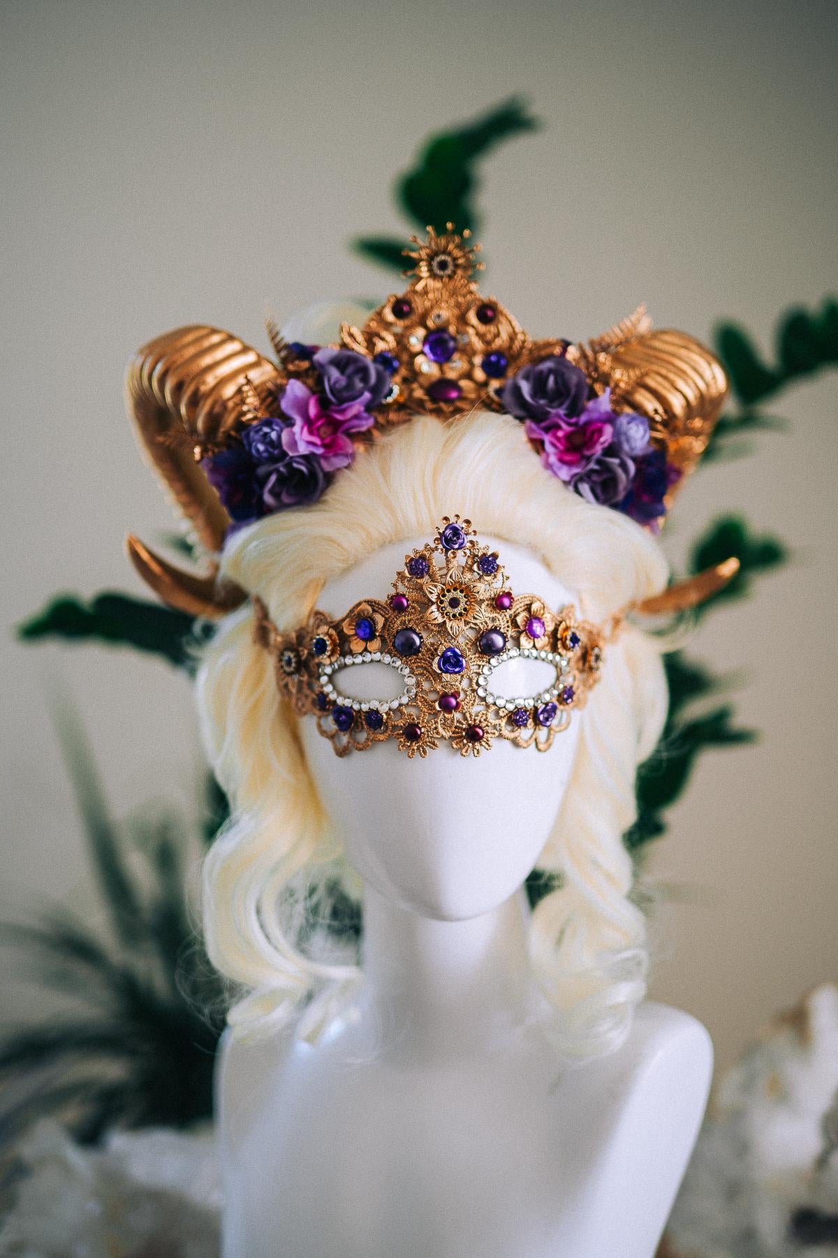 Aries Ram Crown, Fantasy Goddess Crown, Zodiac Headpiece, Horn Crown, Purple Gold Crown, Masquerade Crown, Renaissance Headpiece