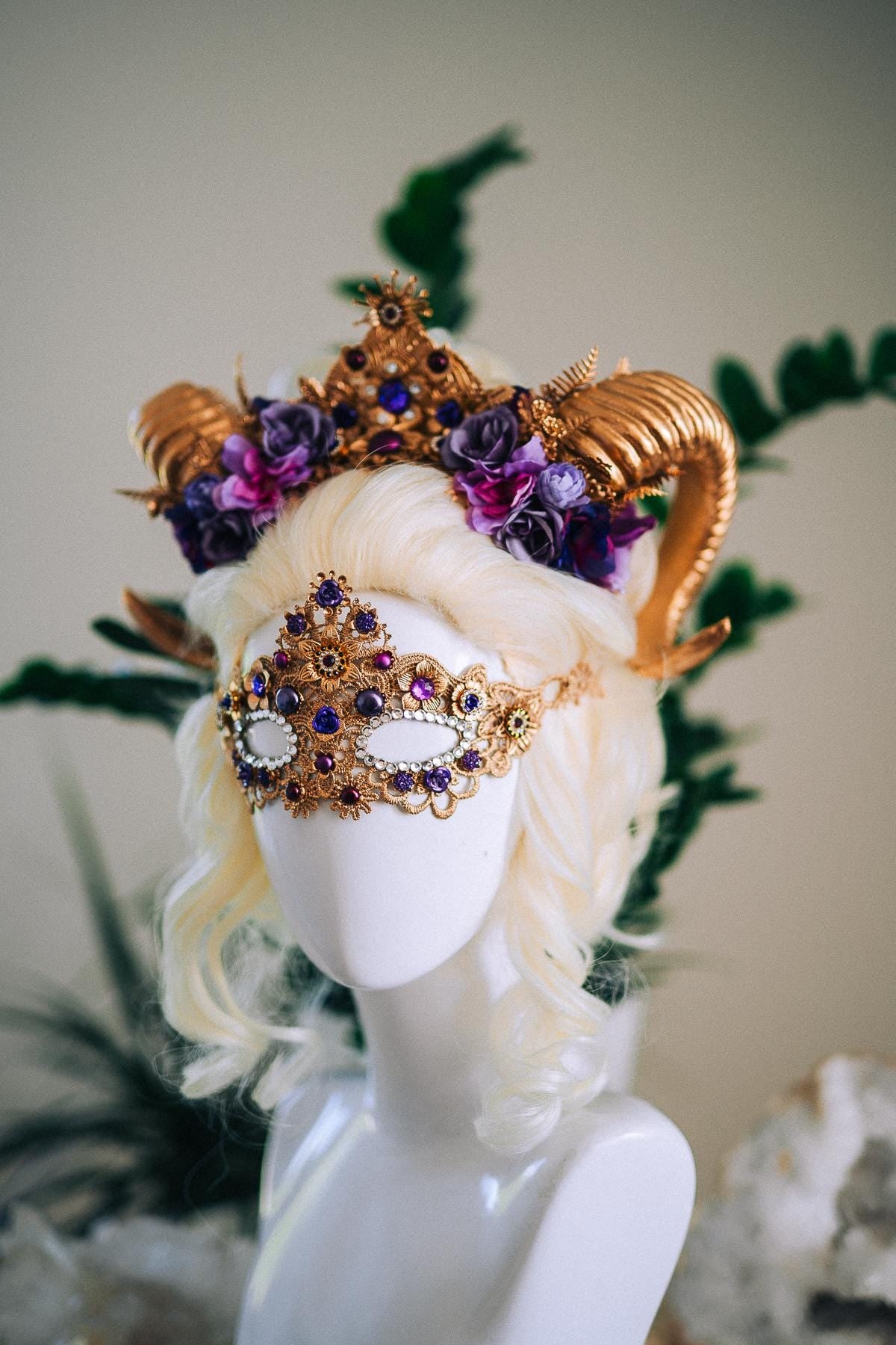 Aries Masquerade Mask, Fantasy Mask, Ram Goddess Mask, Purple Venetian Mask, Zodiac Costume Mask, Luxury Carnival Mask