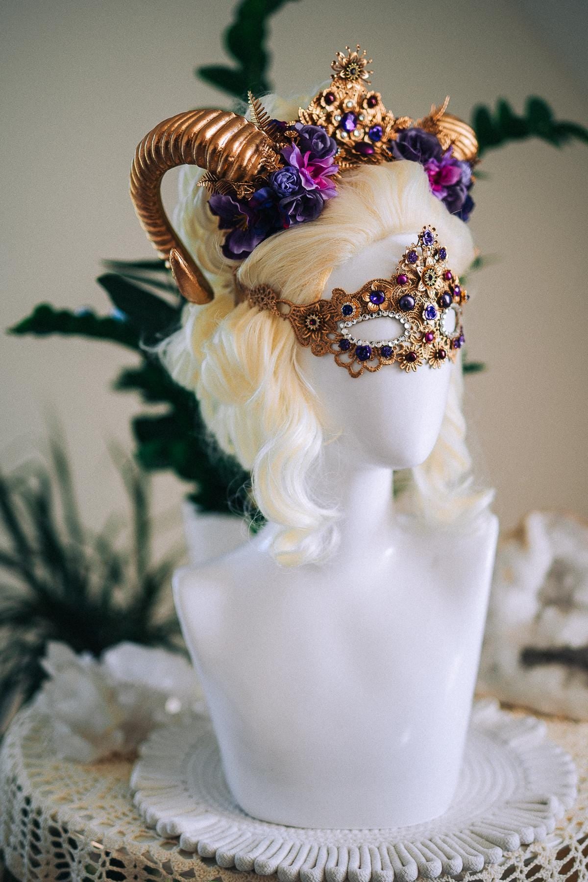 Aries Masquerade Mask, Fantasy Mask, Ram Goddess Mask, Purple Venetian Mask, Zodiac Costume Mask, Luxury Carnival Mask
