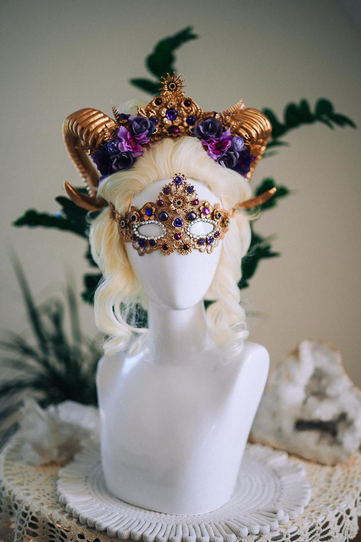 Aries Masquerade Mask, Fantasy Mask, Ram Goddess Mask, Purple Venetian Mask, Zodiac Costume Mask, Luxury Carnival Mask