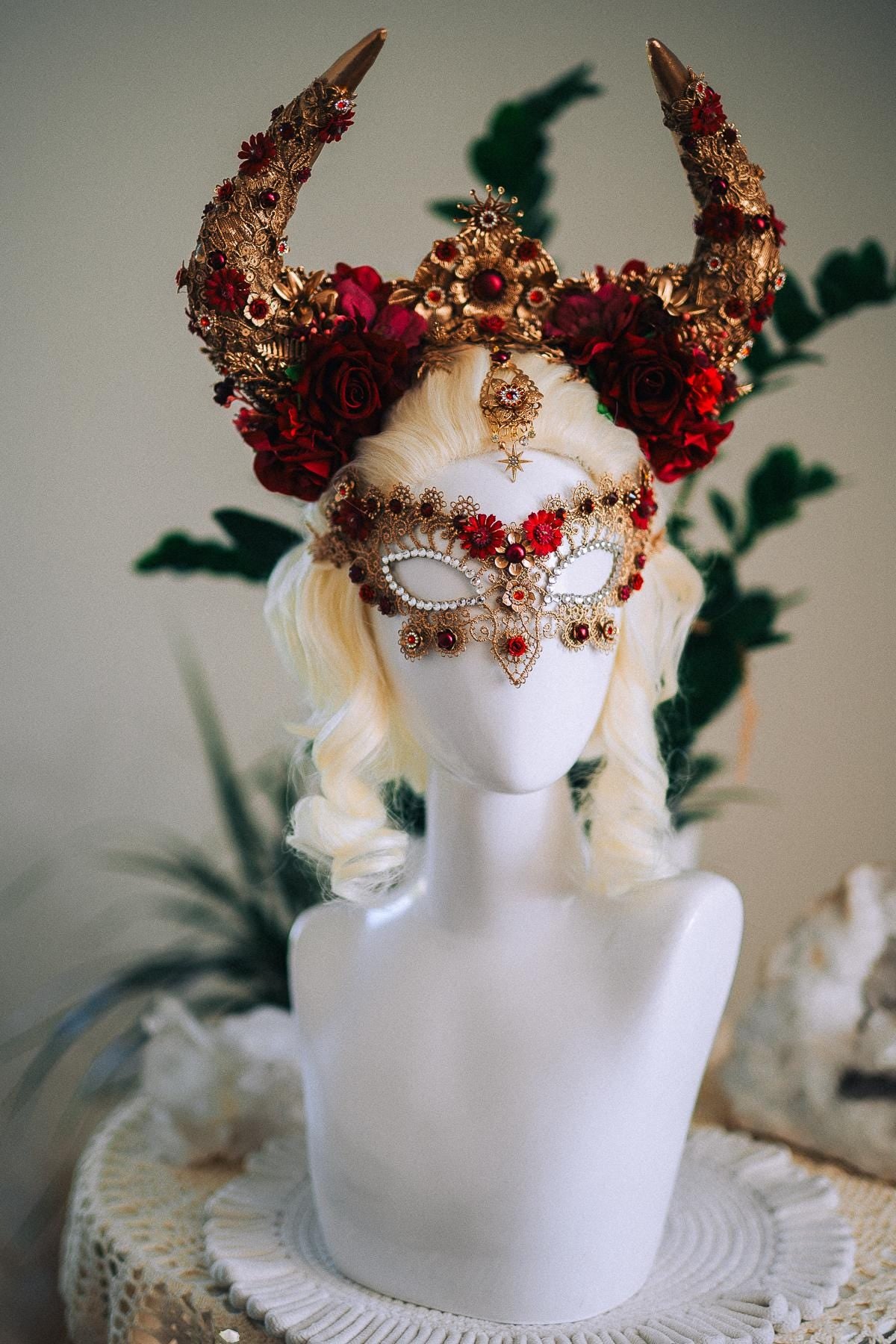 Taurus Horn Crown, Fantasy Masquerade Crown, Zodiac Goddess Crown, Burgundy Floral Crown, Venetian Carnival Headpiece