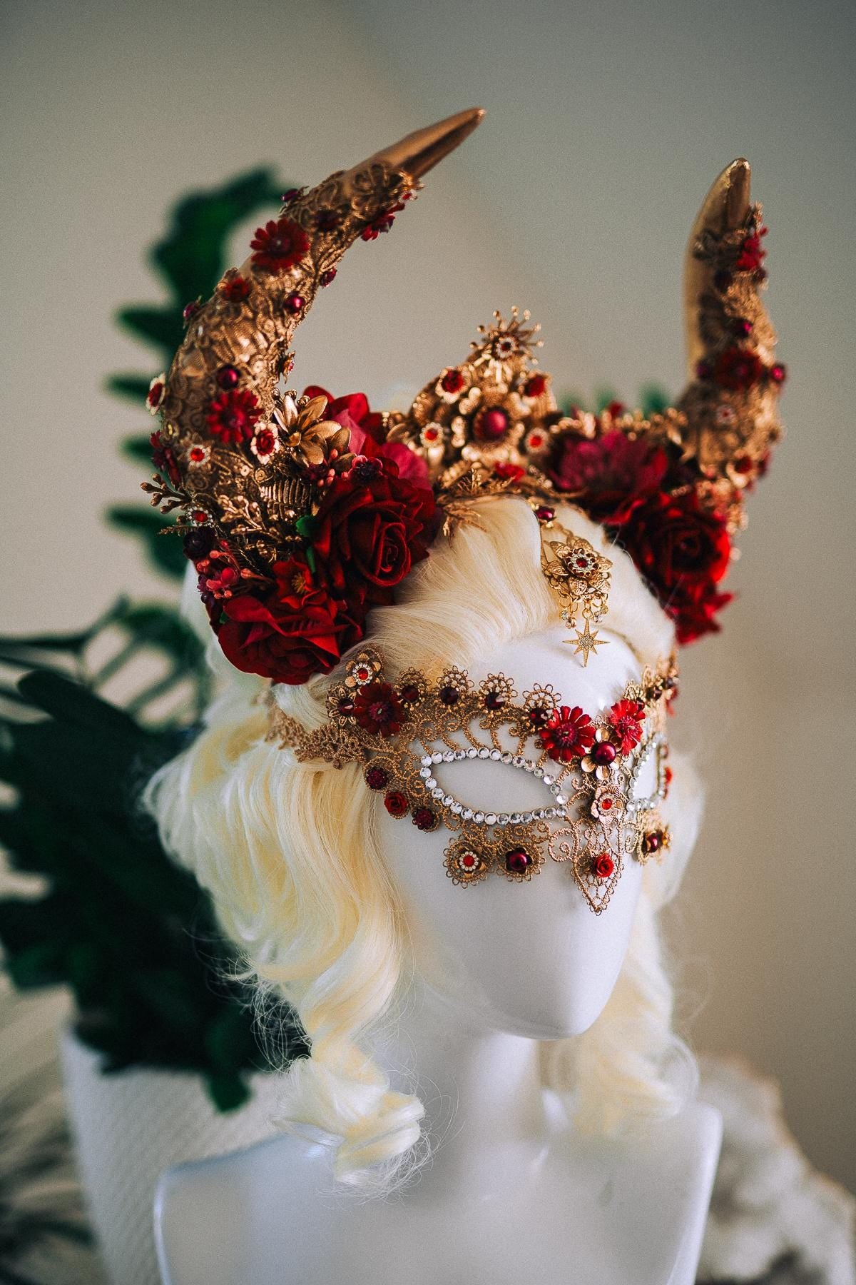 Taurus Horn Crown, Fantasy Masquerade Crown, Zodiac Goddess Crown, Burgundy Floral Crown, Venetian Carnival Headpiece