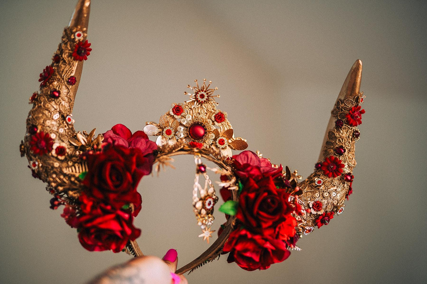 Taurus Horn Crown, Fantasy Masquerade Crown, Zodiac Goddess Crown, Burgundy Floral Crown, Venetian Carnival Headpiece