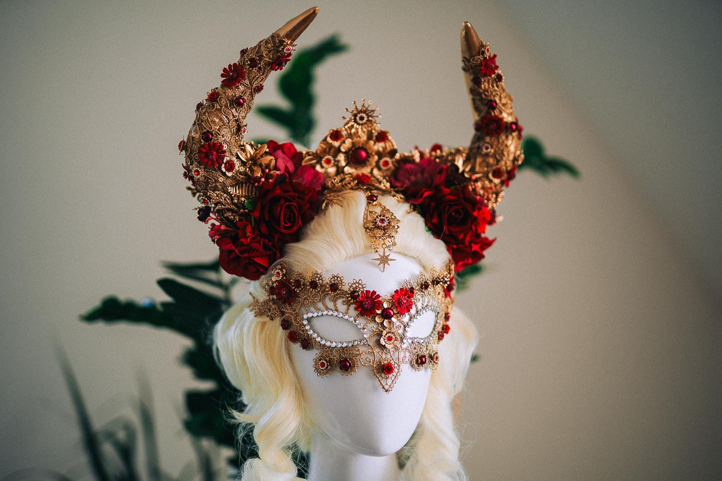 Taurus Horn Crown, Fantasy Masquerade Crown, Zodiac Goddess Crown, Burgundy Floral Crown, Venetian Carnival Headpiece