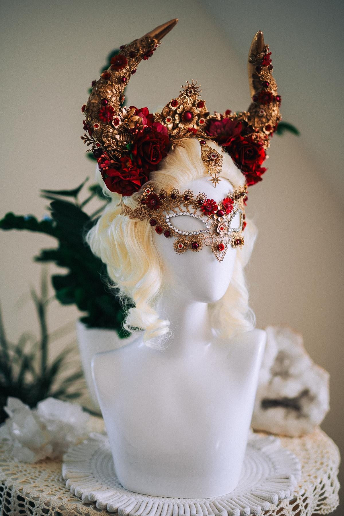 Taurus Horn Crown, Fantasy Masquerade Crown, Zodiac Goddess Crown, Burgundy Floral Crown, Venetian Carnival Headpiece
