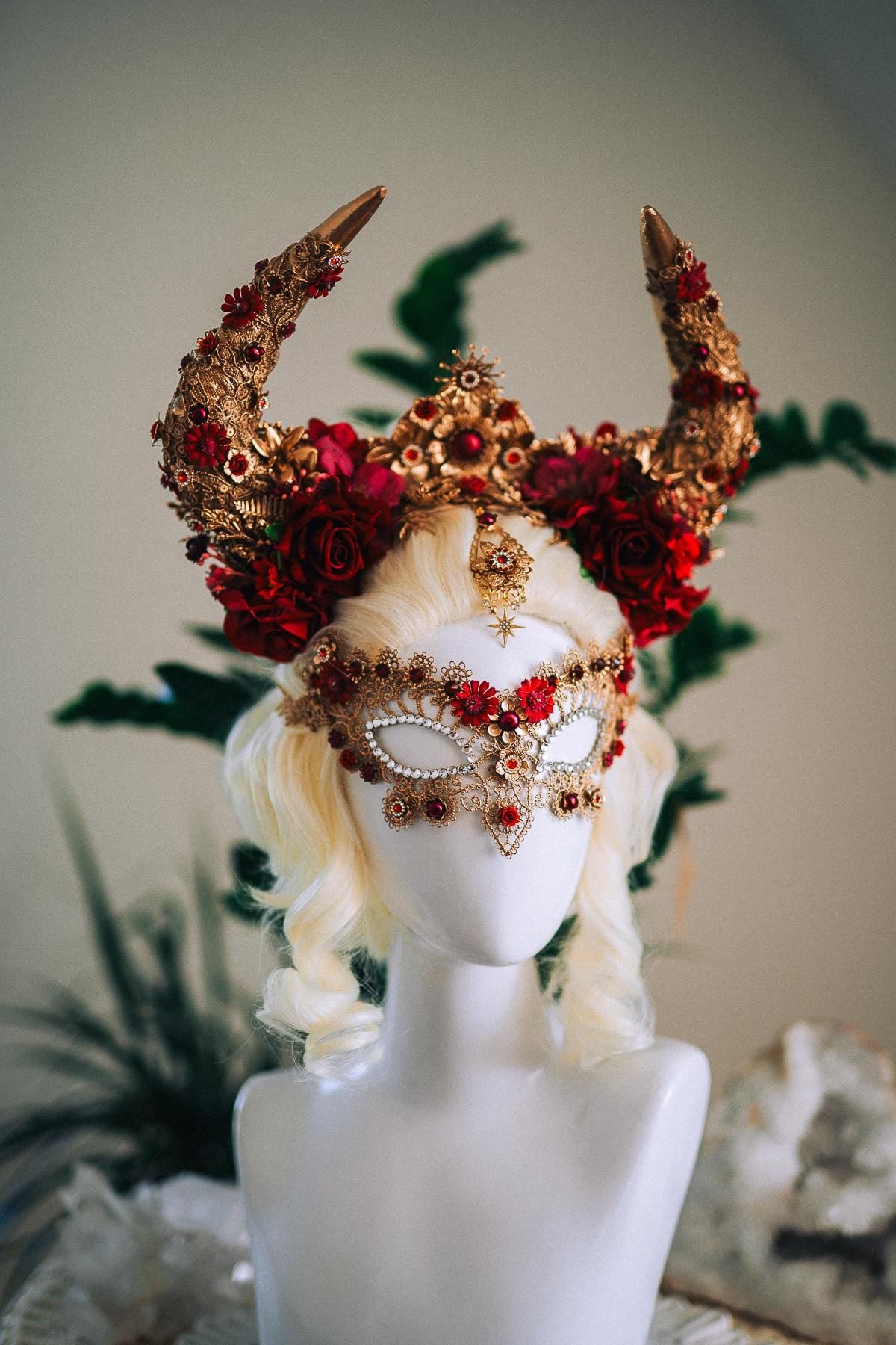 Taurus Horn Crown, Fantasy Masquerade Crown, Zodiac Goddess Crown, Burgundy Floral Crown, Venetian Carnival Headpiece