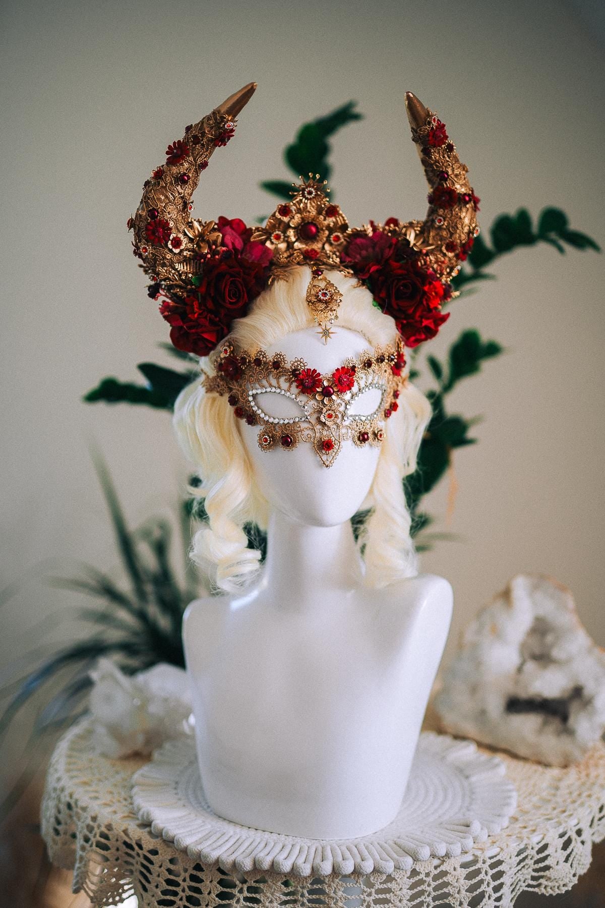 Taurus Masquerade Mask, Burgundy Venetian Mask, Fantasy Carnival Mask, Zodiac Mask, Gothic Goddess Costume Mask