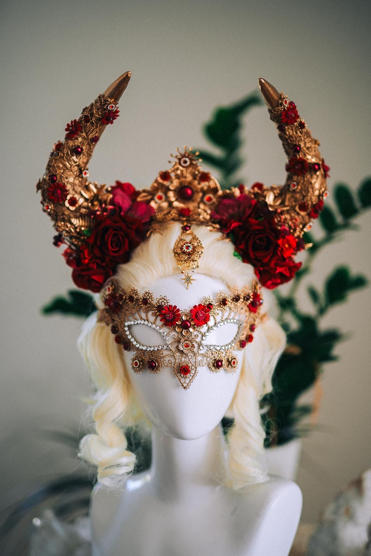 Taurus Masquerade Mask, Burgundy Venetian Mask, Fantasy Carnival Mask, Zodiac Mask, Gothic Goddess Costume Mask