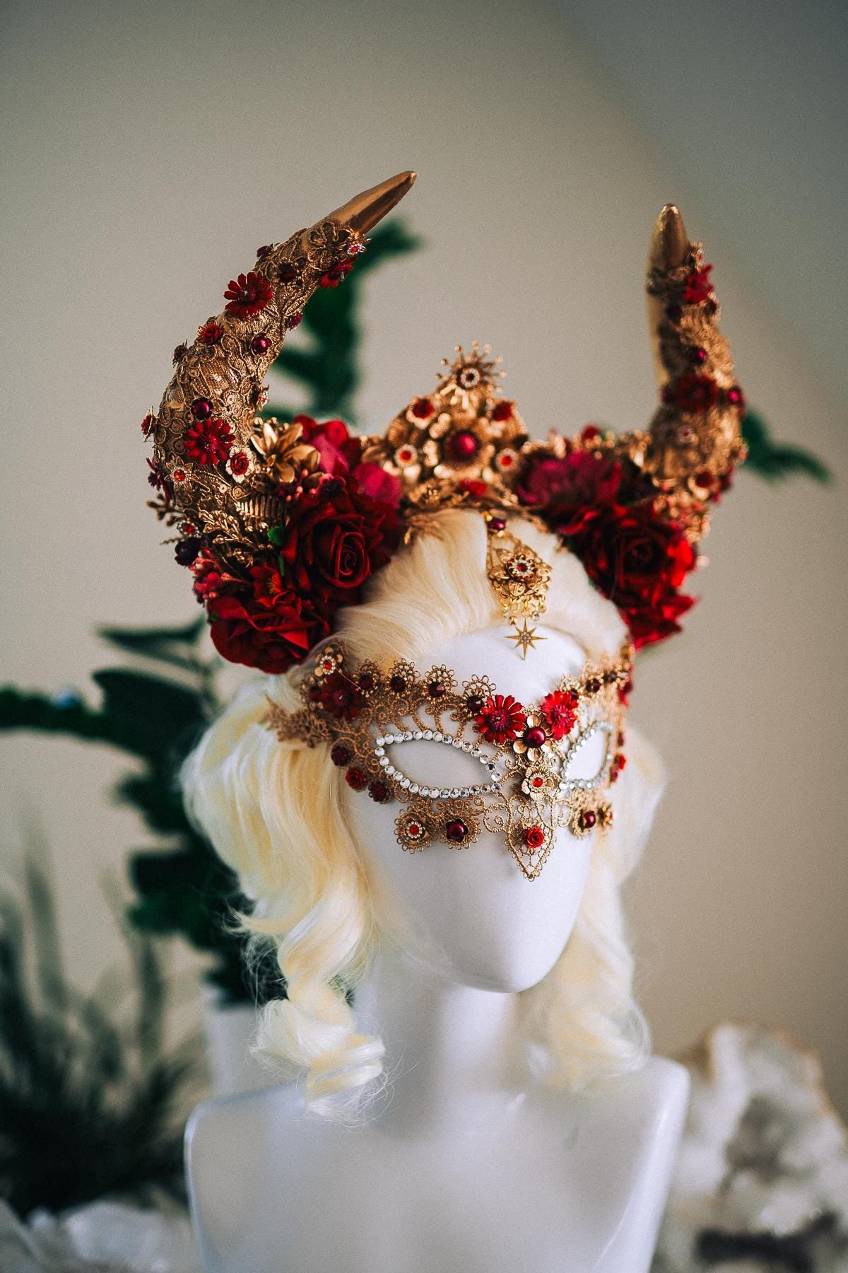 Taurus Masquerade Mask, Burgundy Venetian Mask, Fantasy Carnival Mask, Zodiac Mask, Gothic Goddess Costume Mask