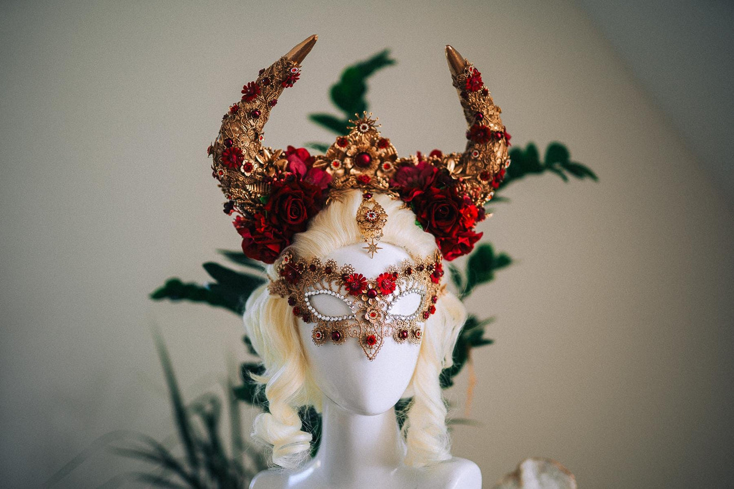 Taurus Masquerade Mask, Burgundy Venetian Mask, Fantasy Carnival Mask, Zodiac Mask, Gothic Goddess Costume Mask