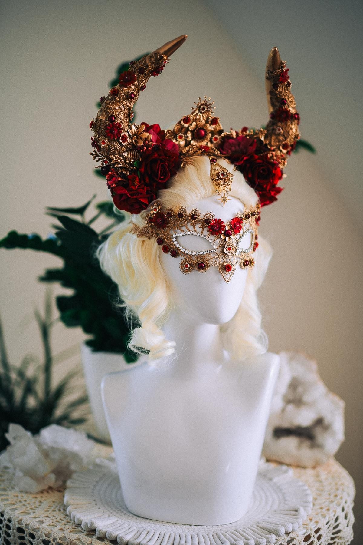 Taurus Masquerade Mask, Burgundy Venetian Mask, Fantasy Carnival Mask, Zodiac Mask, Gothic Goddess Costume Mask