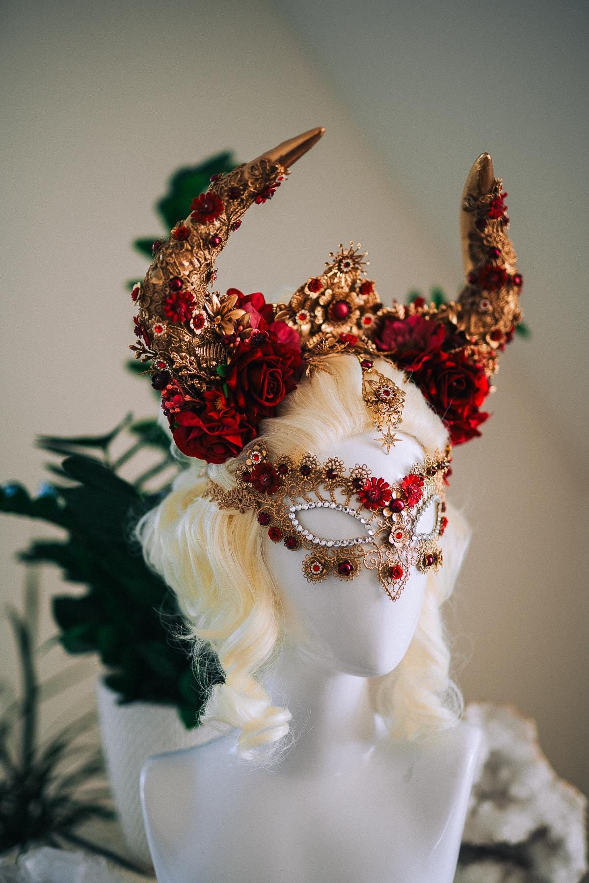 Taurus Masquerade Mask, Burgundy Venetian Mask, Fantasy Carnival Mask, Zodiac Mask, Gothic Goddess Costume Mask