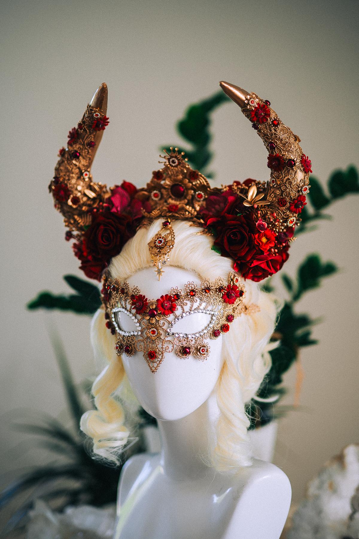 Taurus Masquerade Mask, Burgundy Venetian Mask, Fantasy Carnival Mask, Zodiac Mask, Gothic Goddess Costume Mask