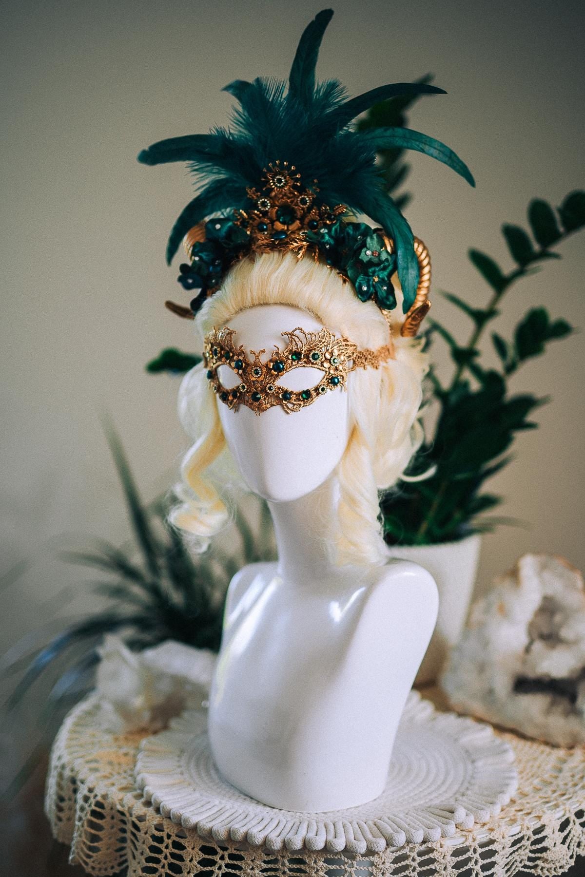 Emerald Fantasy Horn Crown, Emerald Feather Crown, Masquerade Crown, Fantasy Goddess Crown, Venetian Carnival Headpiece
