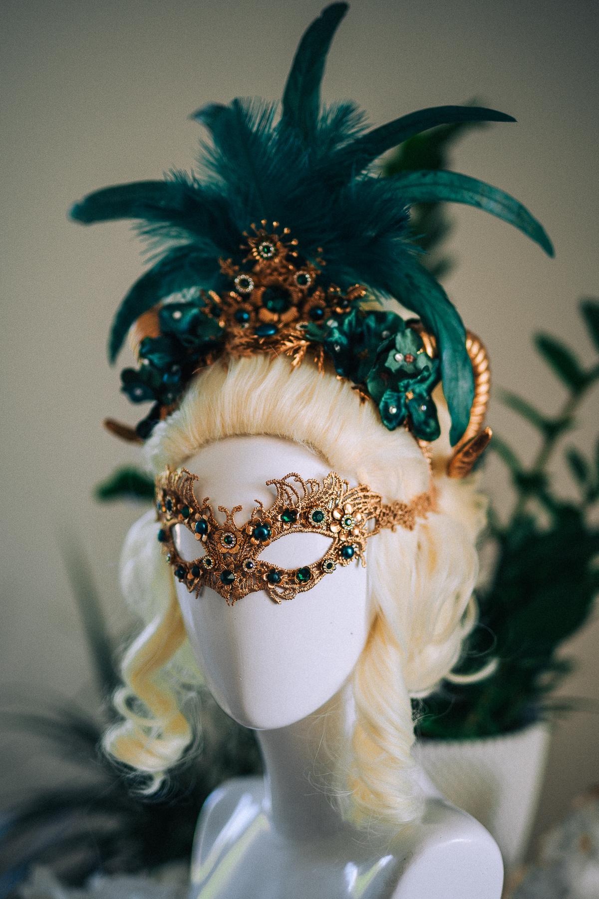 Emerald Fantasy Horn Crown, Emerald Feather Crown, Masquerade Crown, Fantasy Goddess Crown, Venetian Carnival Headpiece