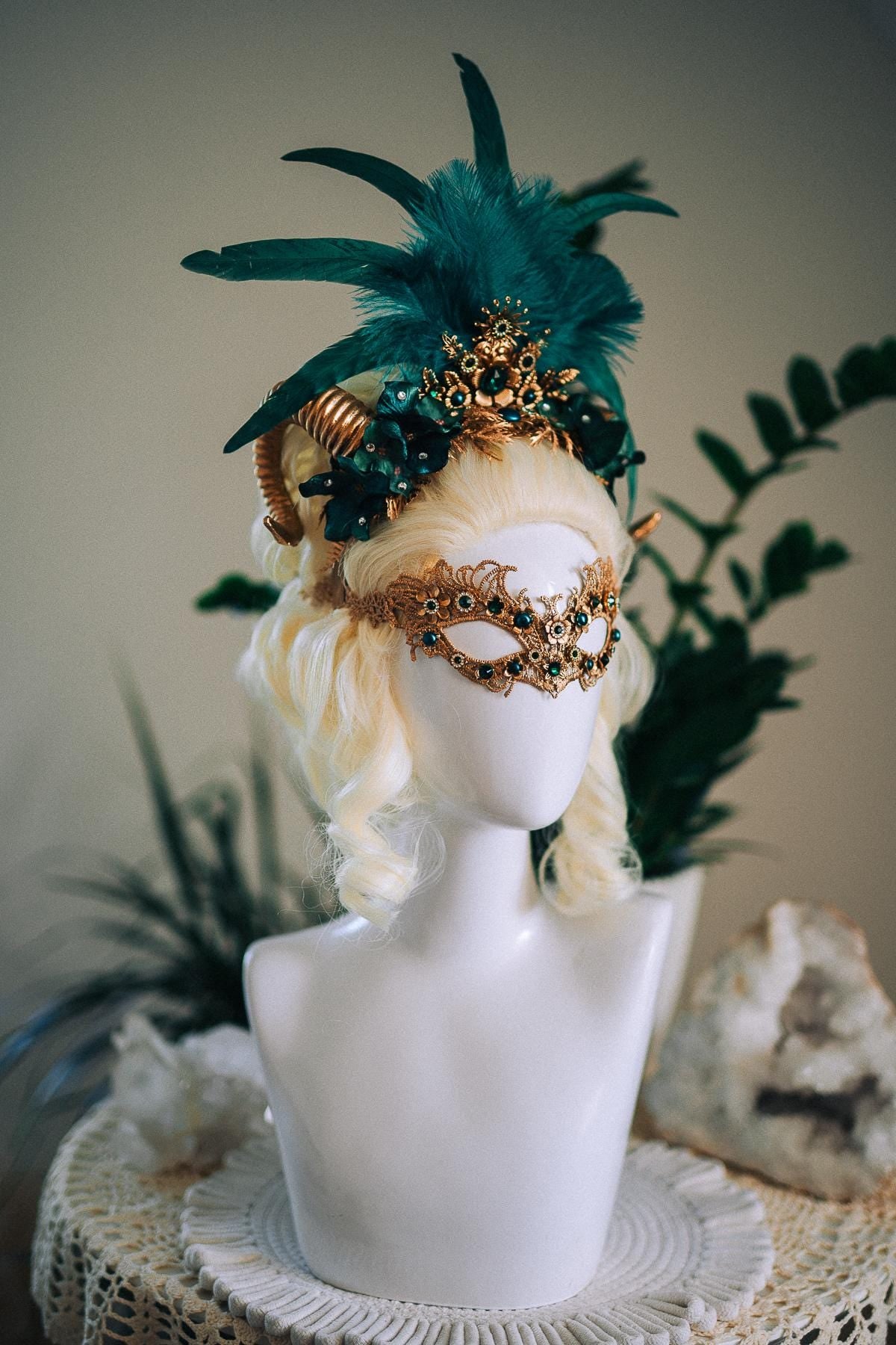 Emerald Fantasy Horn Crown, Emerald Feather Crown, Masquerade Crown, Fantasy Goddess Crown, Venetian Carnival Headpiece