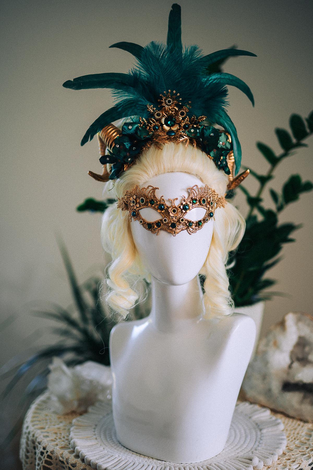 Emerald Fantasy Horn Crown, Emerald Feather Crown, Masquerade Crown, Fantasy Goddess Crown, Venetian Carnival Headpiece