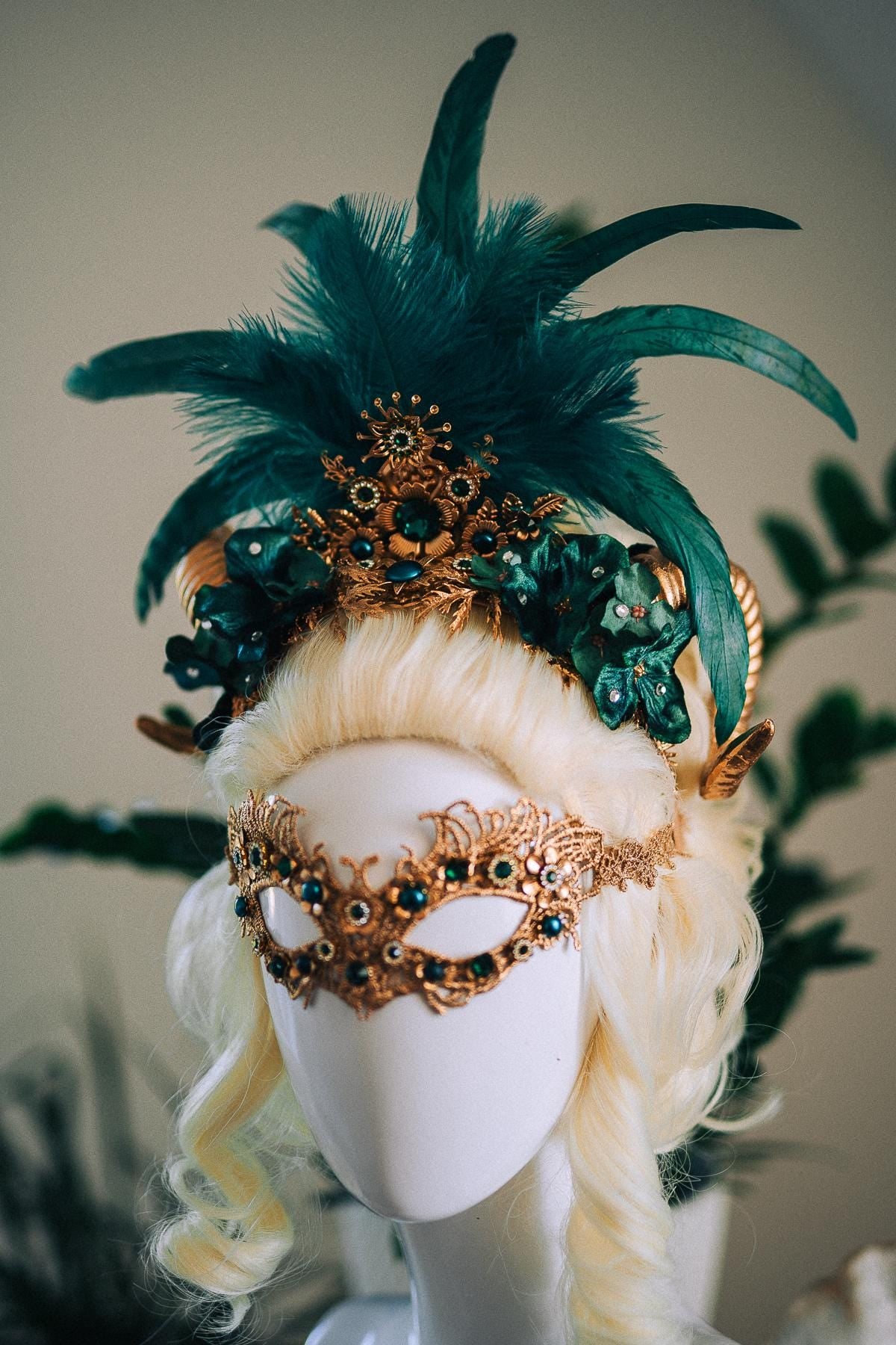 Emerald Fantasy Horn Crown, Emerald Feather Crown, Masquerade Crown, Fantasy Goddess Crown, Venetian Carnival Headpiece