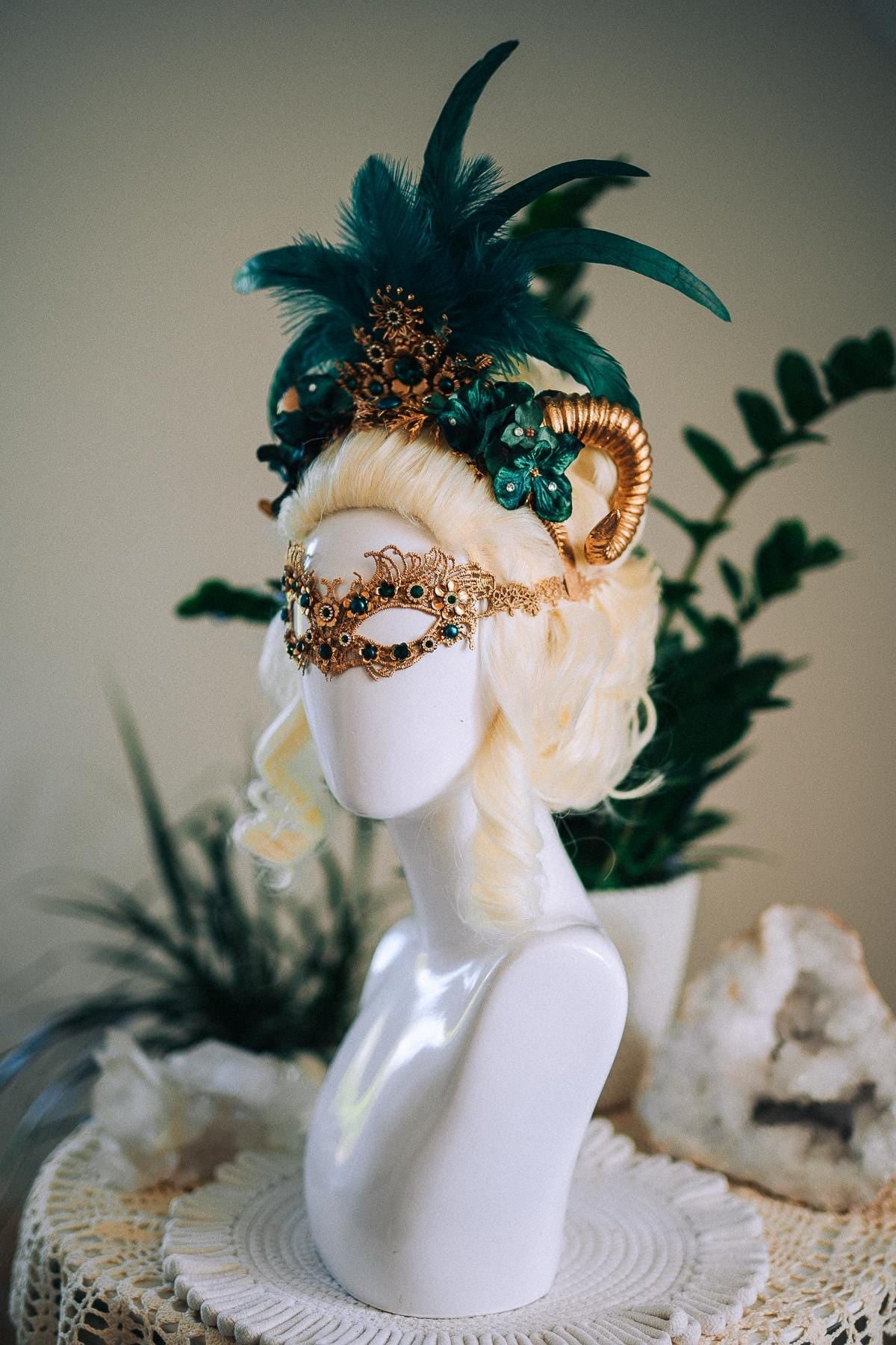 Emerald Fantasy Horn Crown, Emerald Feather Crown, Masquerade Crown, Fantasy Goddess Crown, Venetian Carnival Headpiece