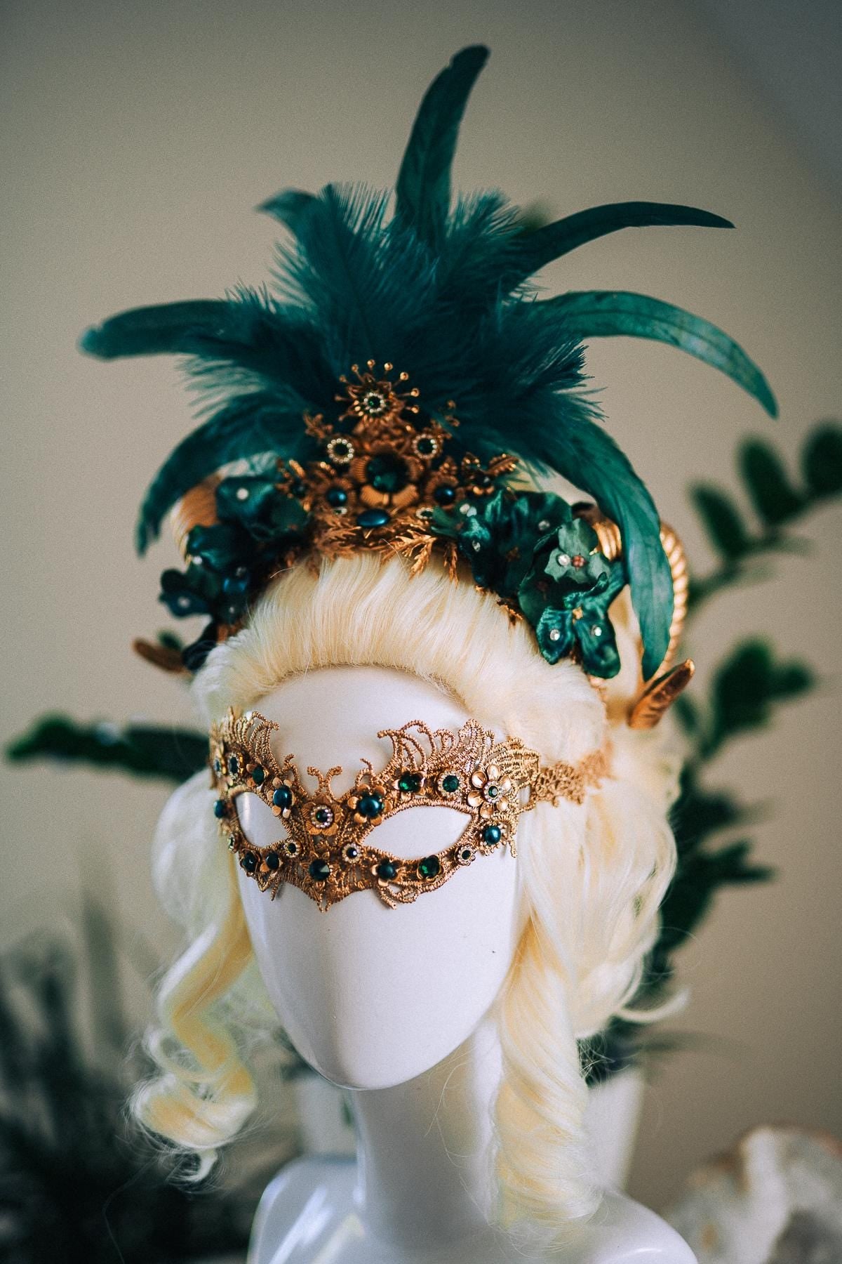 Emerald Fantasy Horn Crown, Emerald Feather Crown, Masquerade Crown, Fantasy Goddess Crown, Venetian Carnival Headpiece