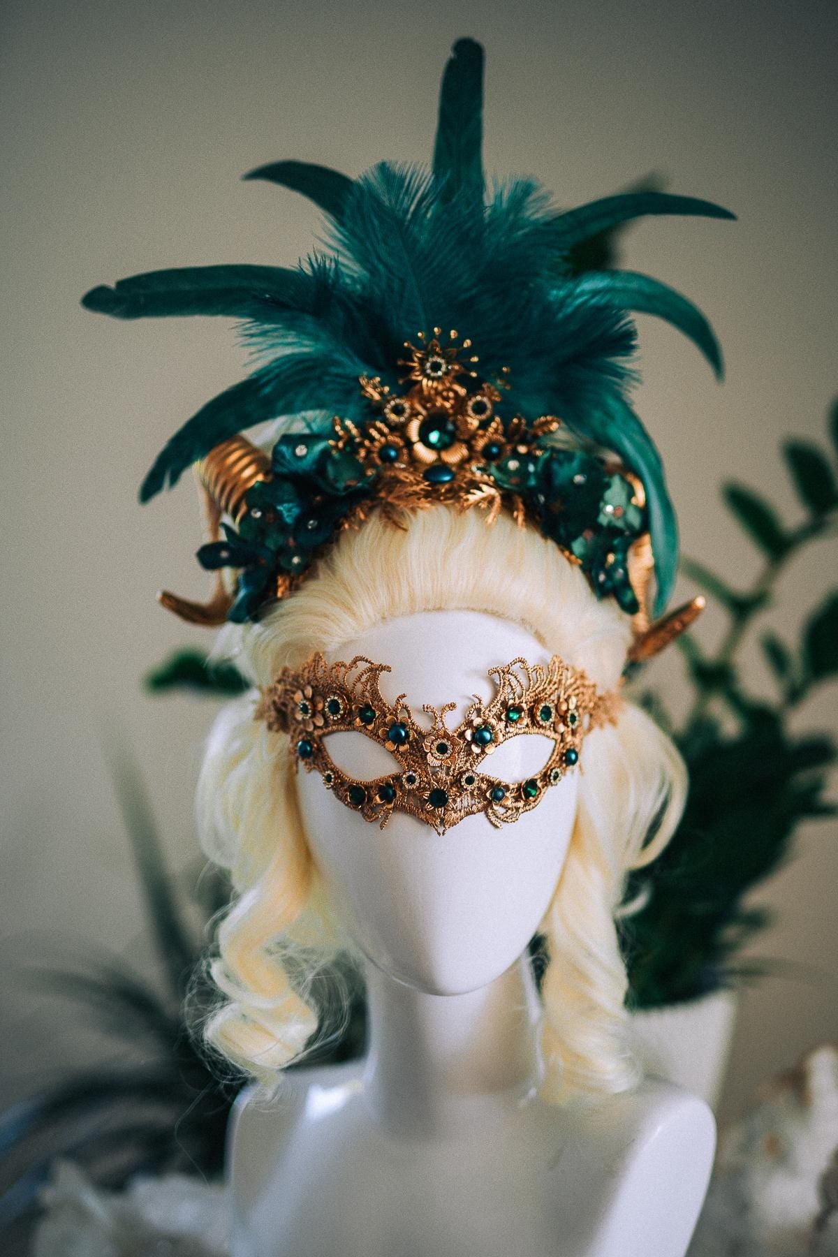 Emerald Fantasy Horn Crown, Emerald Feather Crown, Masquerade Crown, Fantasy Goddess Crown, Venetian Carnival Headpiece
