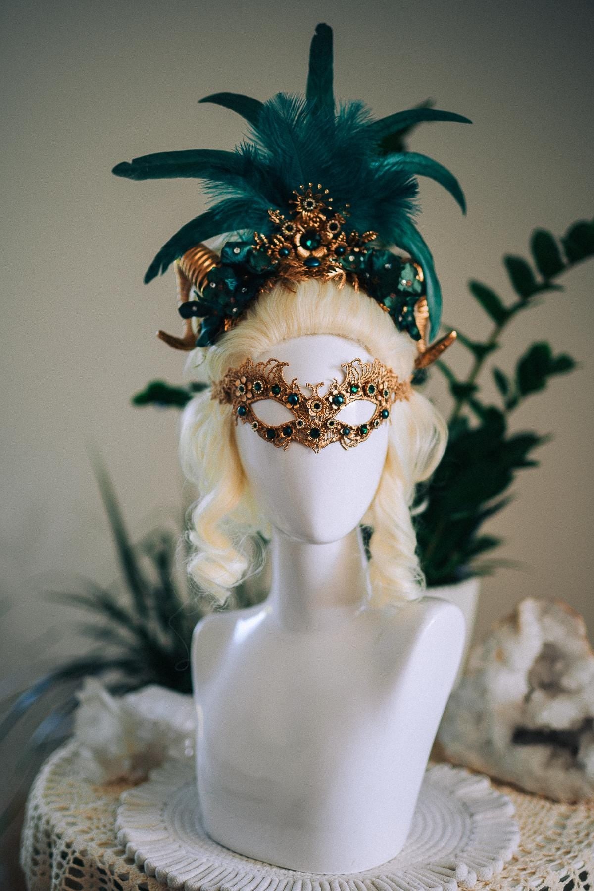 Emerald Fantasy Horn Crown, Emerald Feather Crown, Masquerade Crown, Fantasy Goddess Crown, Venetian Carnival Headpiece
