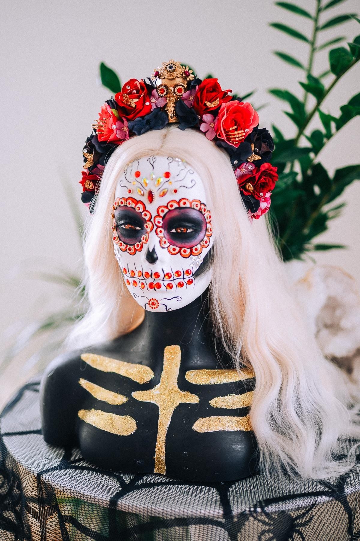 La Catrina Floral Crown, Día de los Muertos Headpiece, Mexican Flower Crown, Sugar Skull Crown, Couture Rose Headpiece