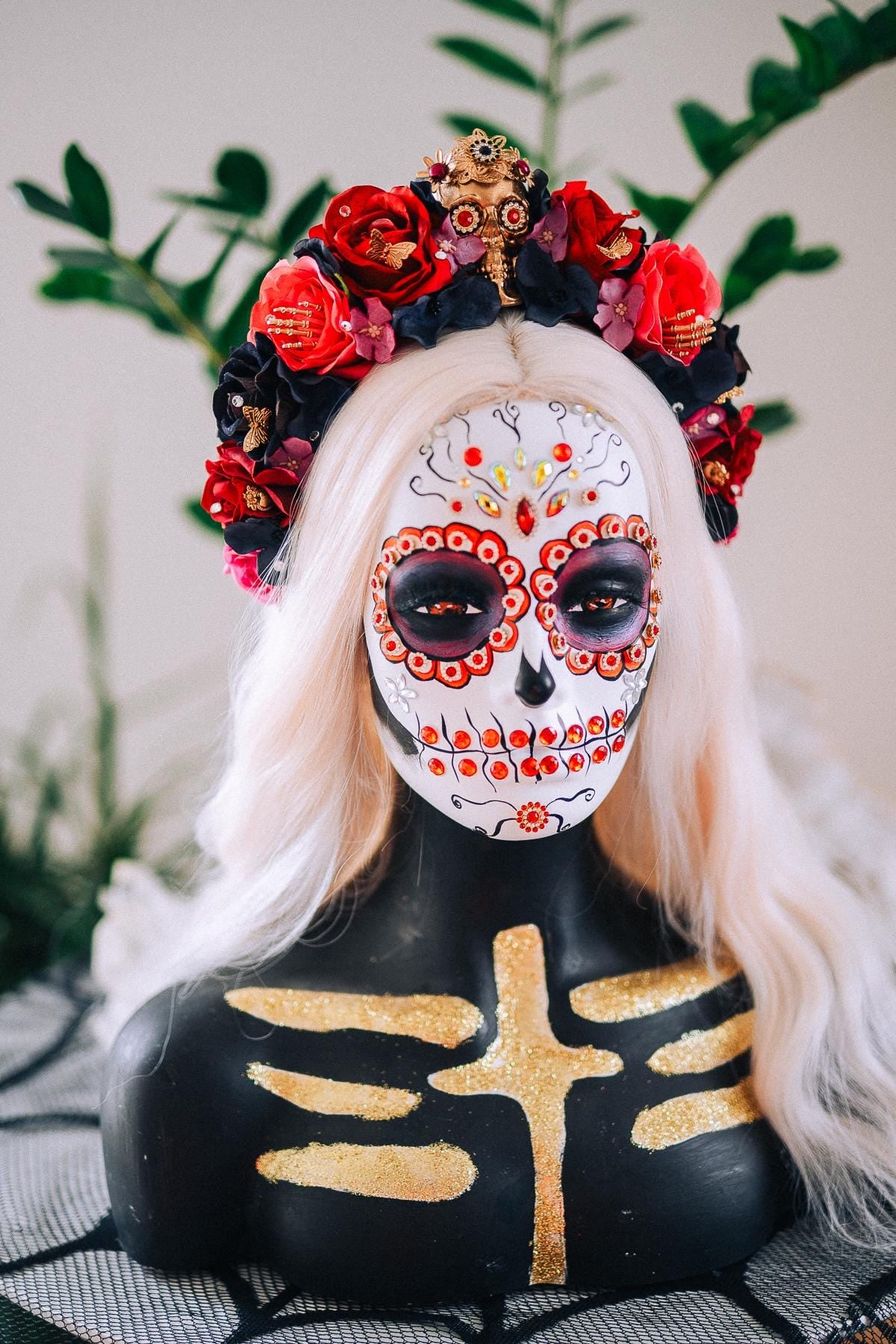 La Catrina Floral Crown, Día de los Muertos Headpiece, Mexican Flower Crown, Sugar Skull Crown, Couture Rose Headpiece