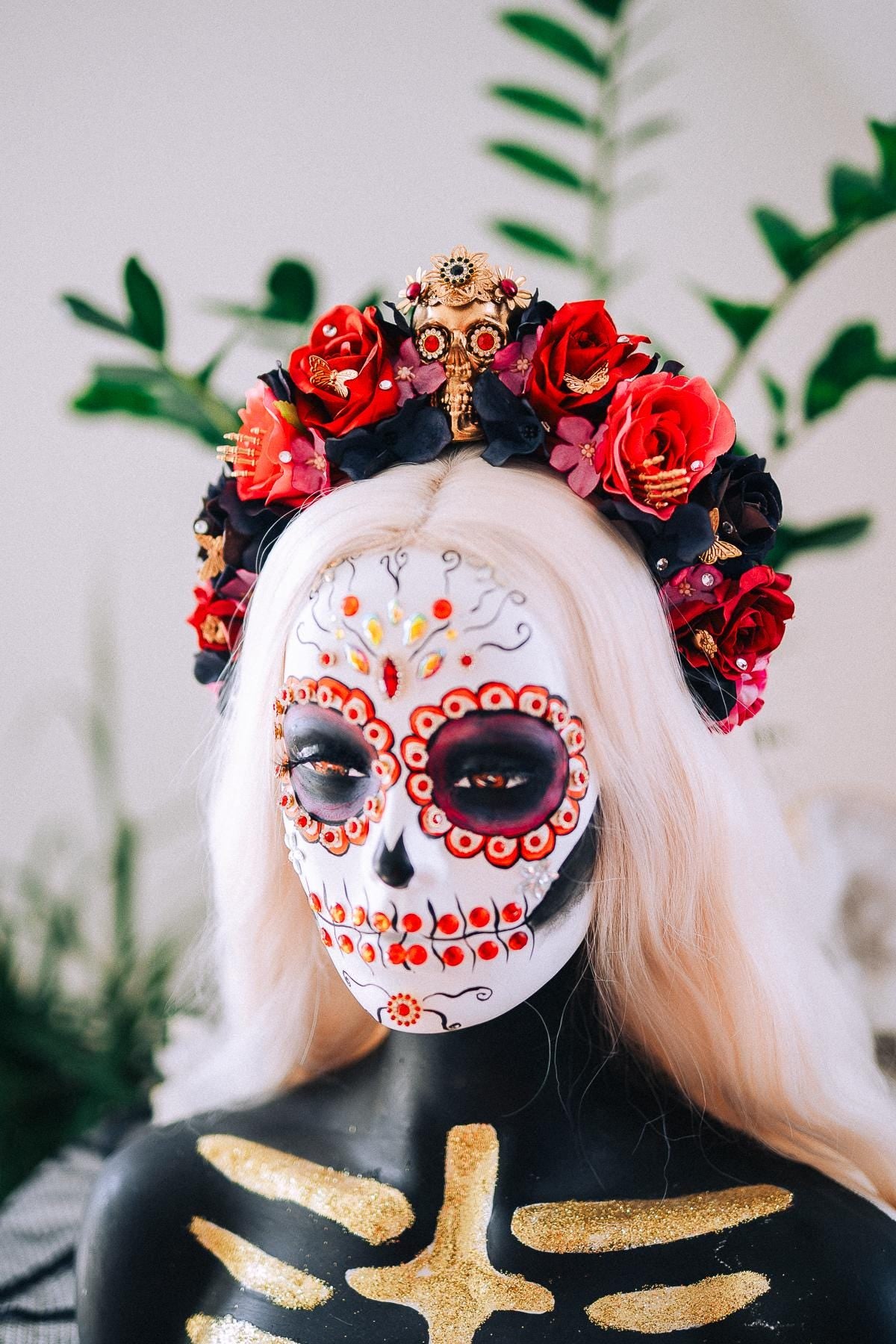 La Catrina Floral Crown, Día de los Muertos Headpiece, Mexican Flower Crown, Sugar Skull Crown, Couture Rose Headpiece