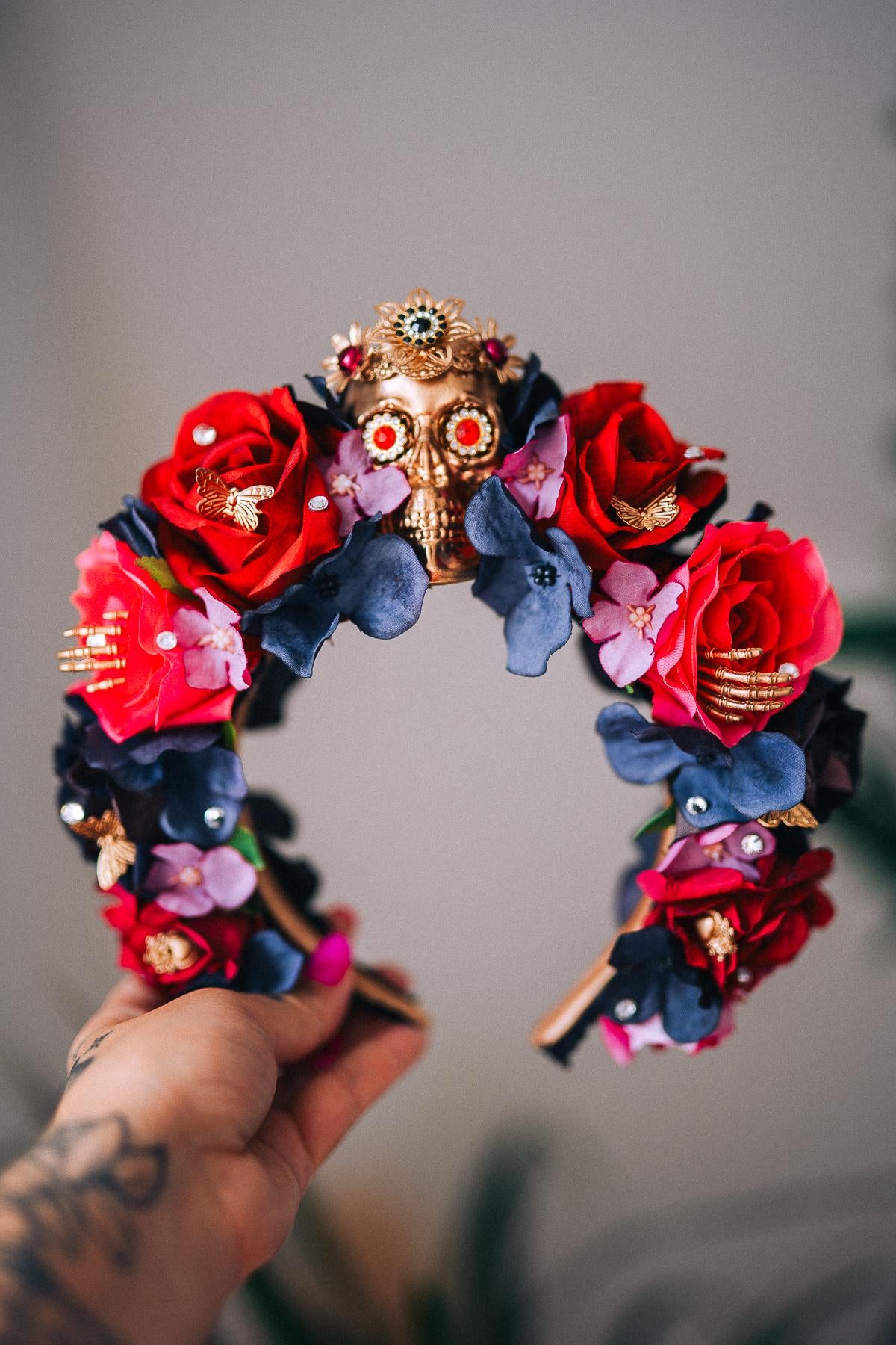 La Catrina Floral Crown, Día de los Muertos Headpiece, Mexican Flower Crown, Sugar Skull Crown, Couture Rose Headpiece