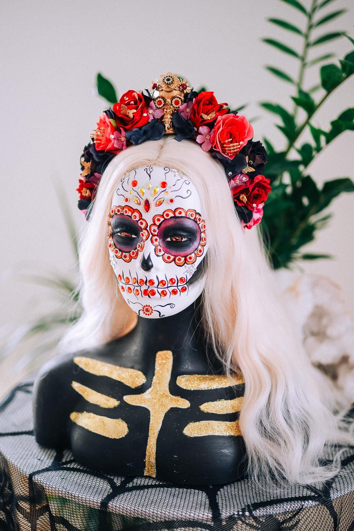 La Catrina Floral Crown, Día de los Muertos Headpiece, Mexican Flower Crown, Sugar Skull Crown, Couture Rose Headpiece