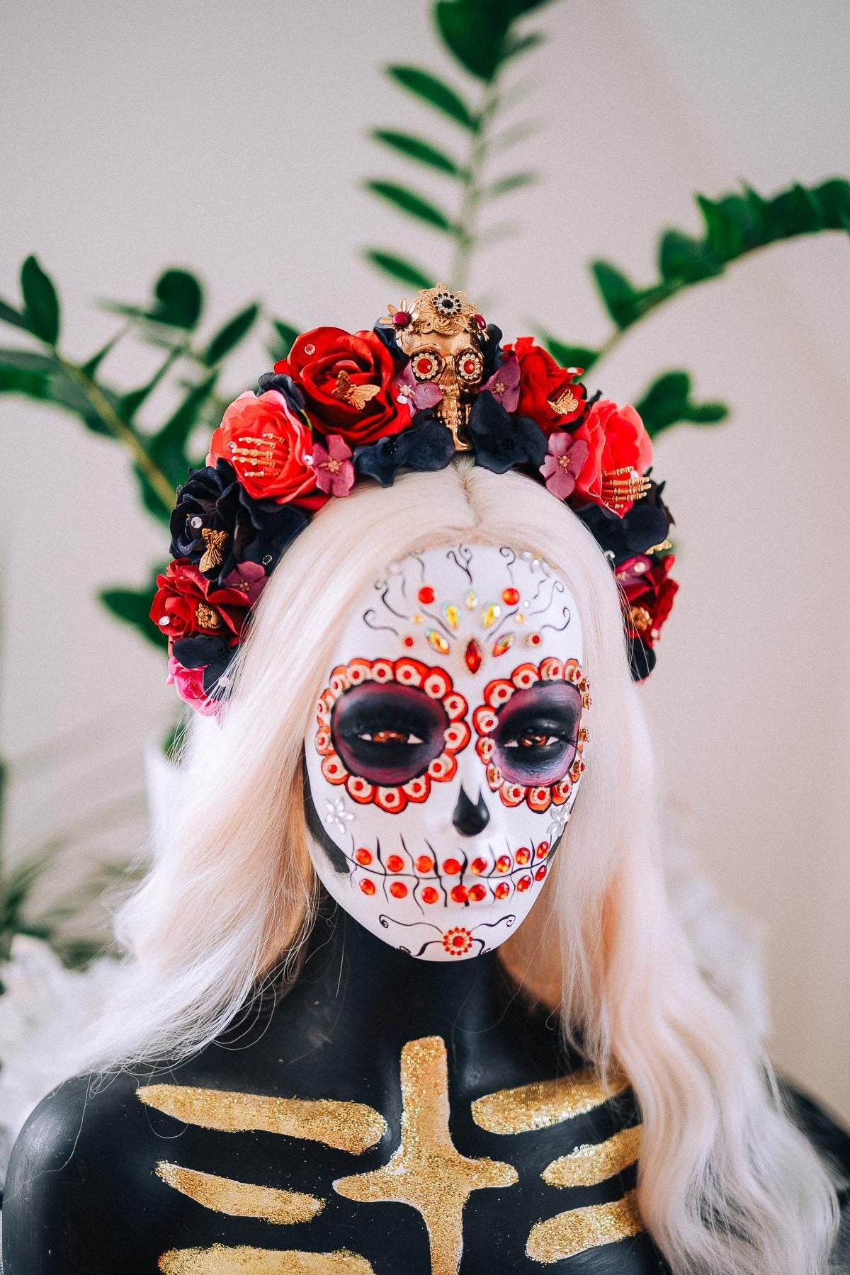 La Catrina Floral Crown, Día de los Muertos Headpiece, Mexican Flower Crown, Sugar Skull Crown, Couture Rose Headpiece