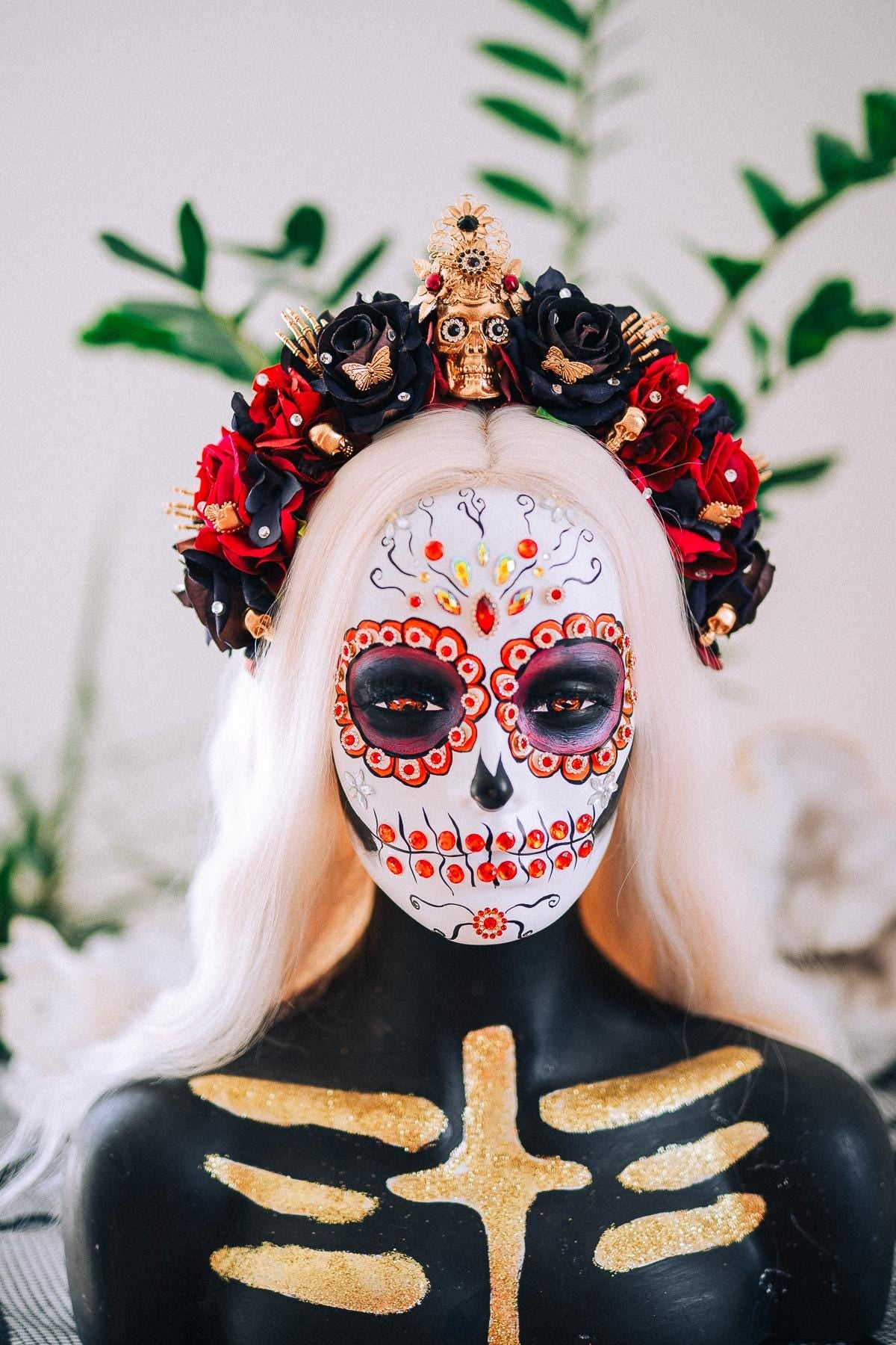 La Catrina Black Rose Crown, Día de los Muertos Headpiece, Mexican Floral Crown, Sugar Skull Crown, Artisan Flower Crown