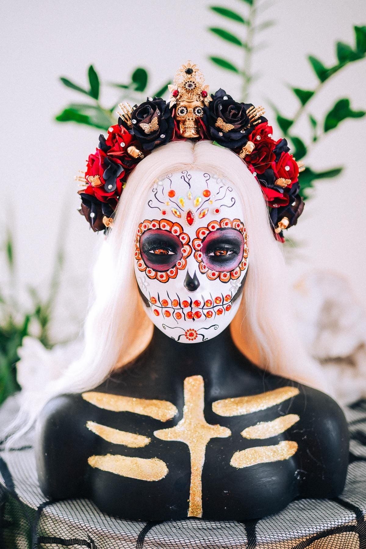 La Catrina Black Rose Crown, Día de los Muertos Headpiece, Mexican Floral Crown, Sugar Skull Crown, Artisan Flower Crown