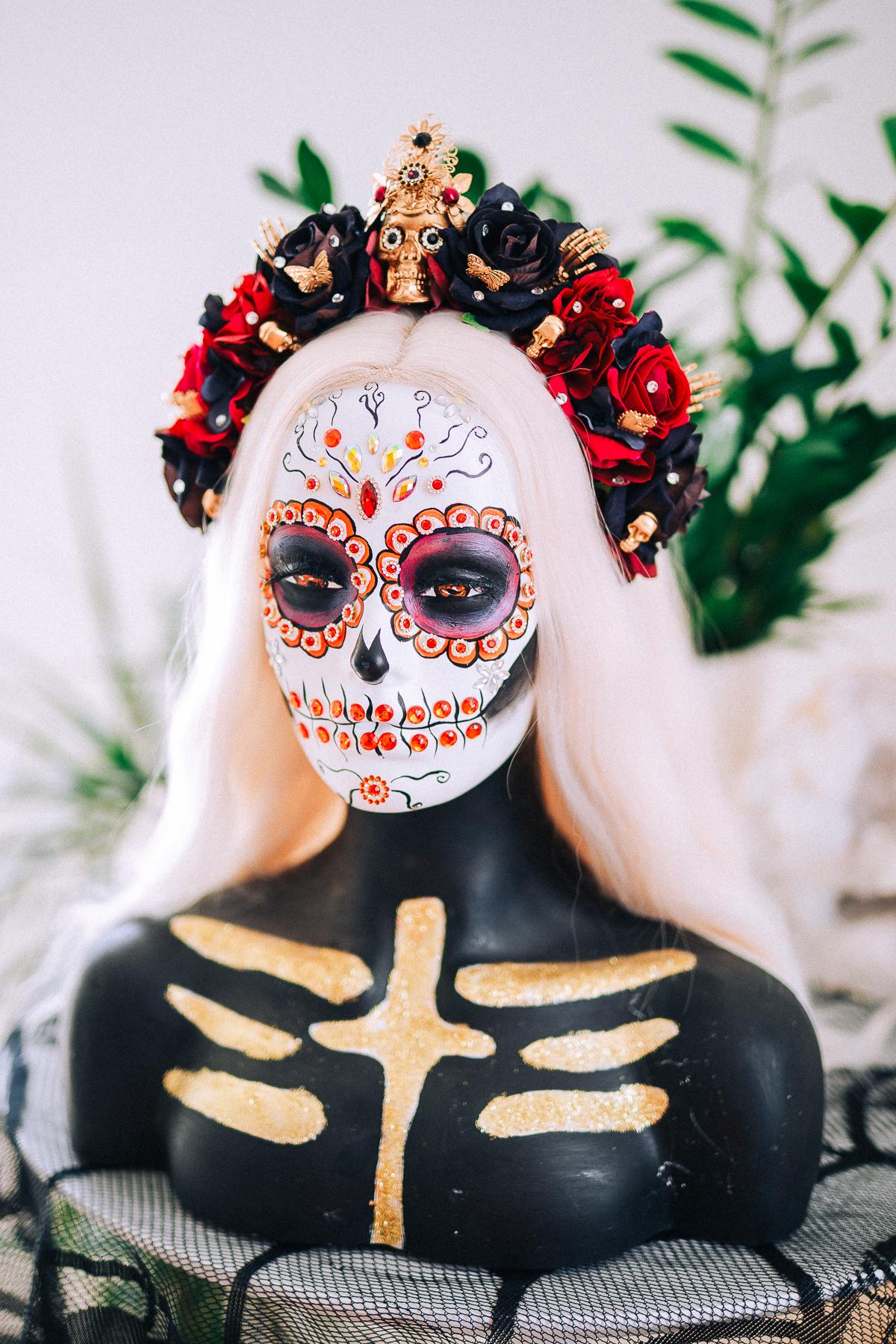 La Catrina Black Rose Crown, Día de los Muertos Headpiece, Mexican Floral Crown, Sugar Skull Crown, Artisan Flower Crown