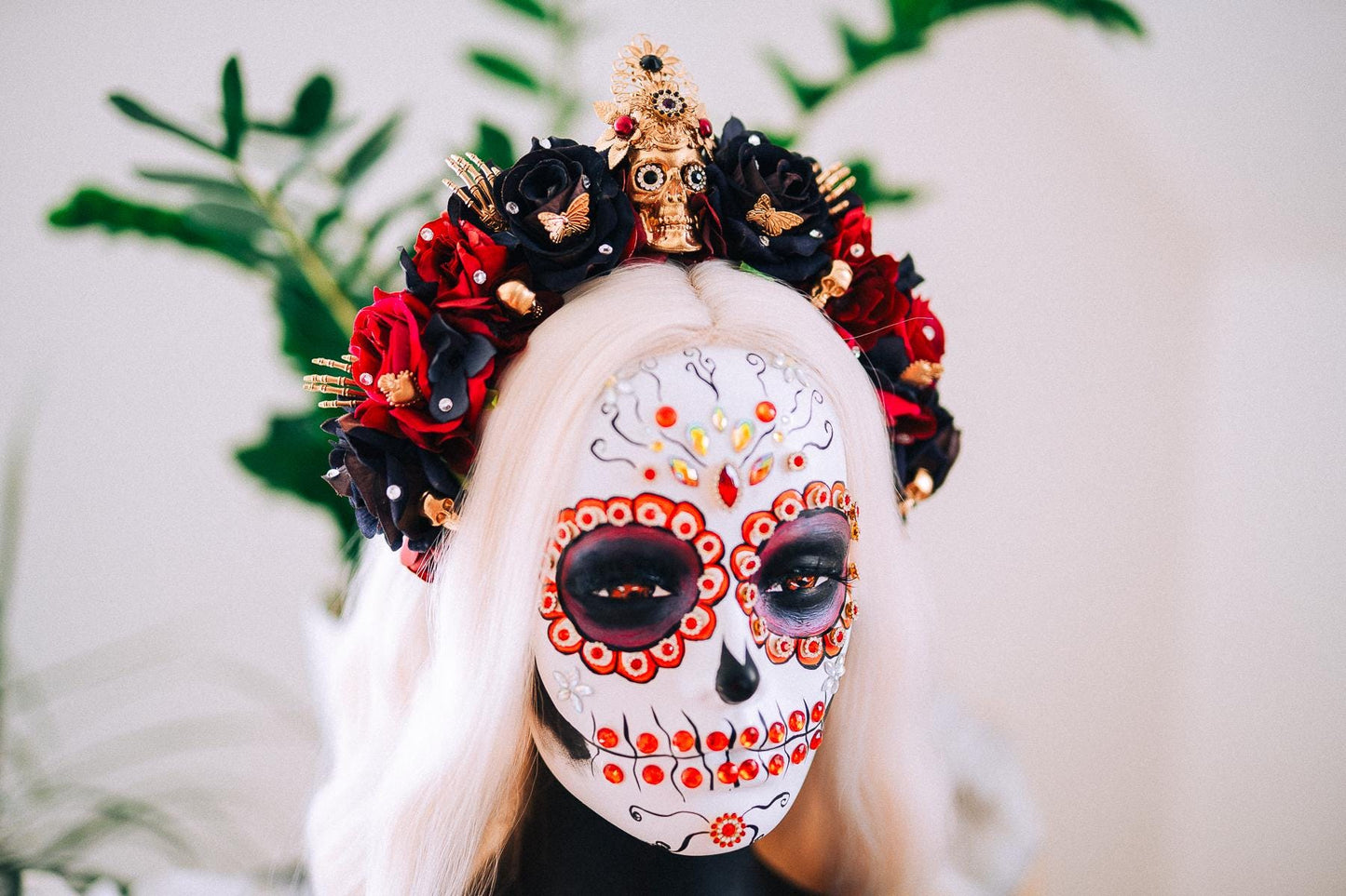 La Catrina Black Rose Crown, Día de los Muertos Headpiece, Mexican Floral Crown, Sugar Skull Crown, Artisan Flower Crown