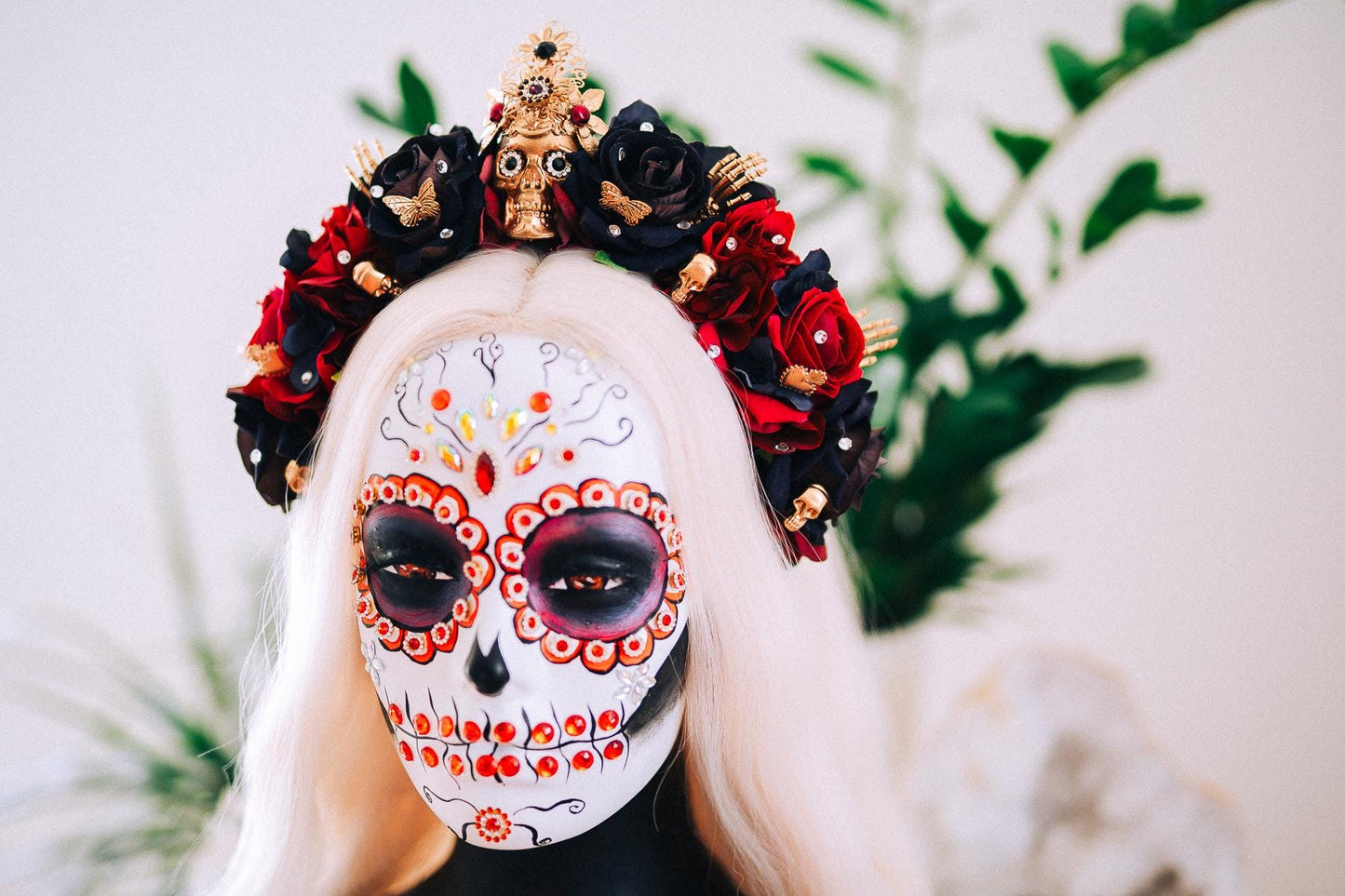 La Catrina Black Rose Crown, Día de los Muertos Headpiece, Mexican Floral Crown, Sugar Skull Crown, Artisan Flower Crown