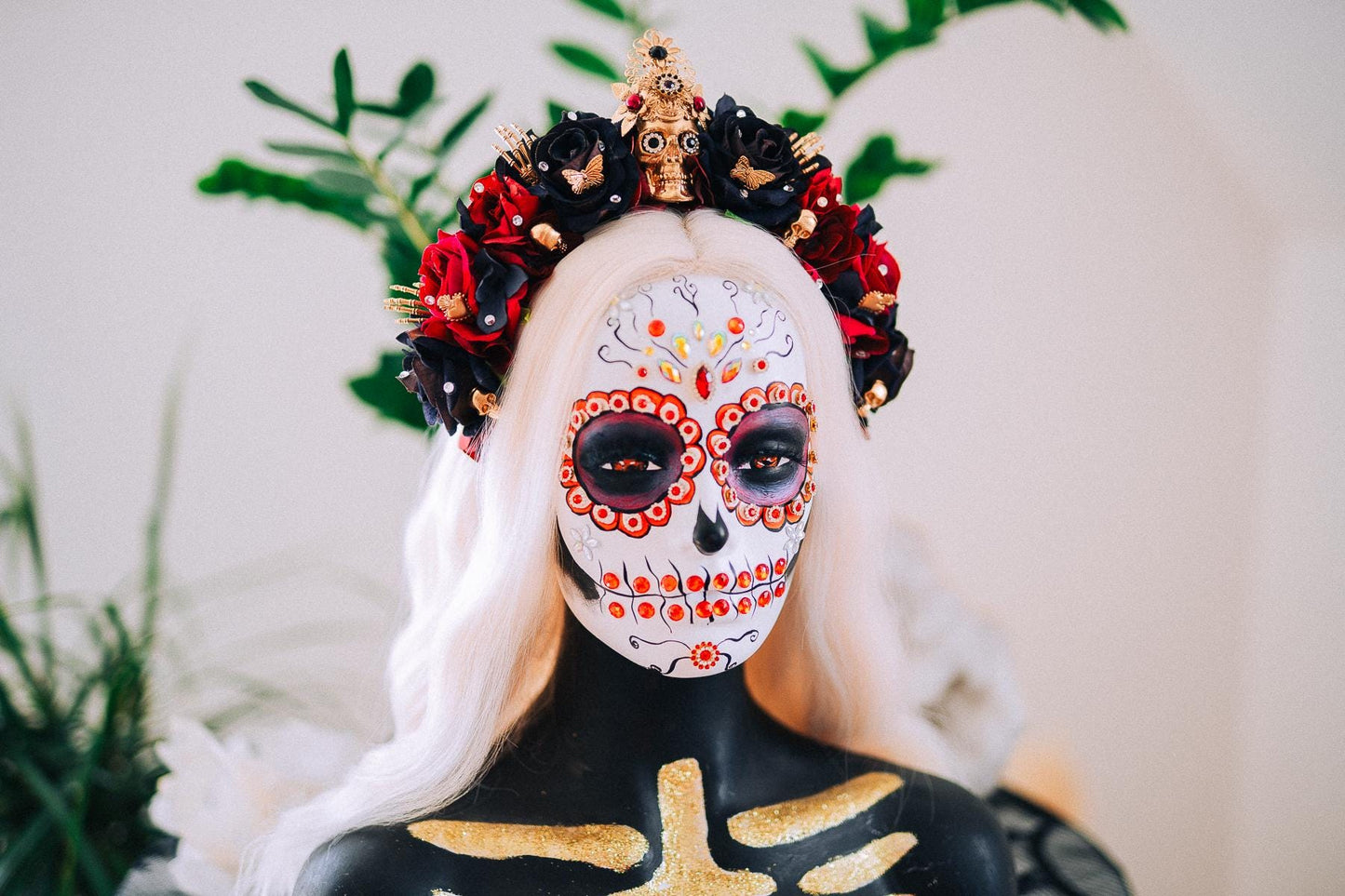 La Catrina Black Rose Crown, Día de los Muertos Headpiece, Mexican Floral Crown, Sugar Skull Crown, Artisan Flower Crown