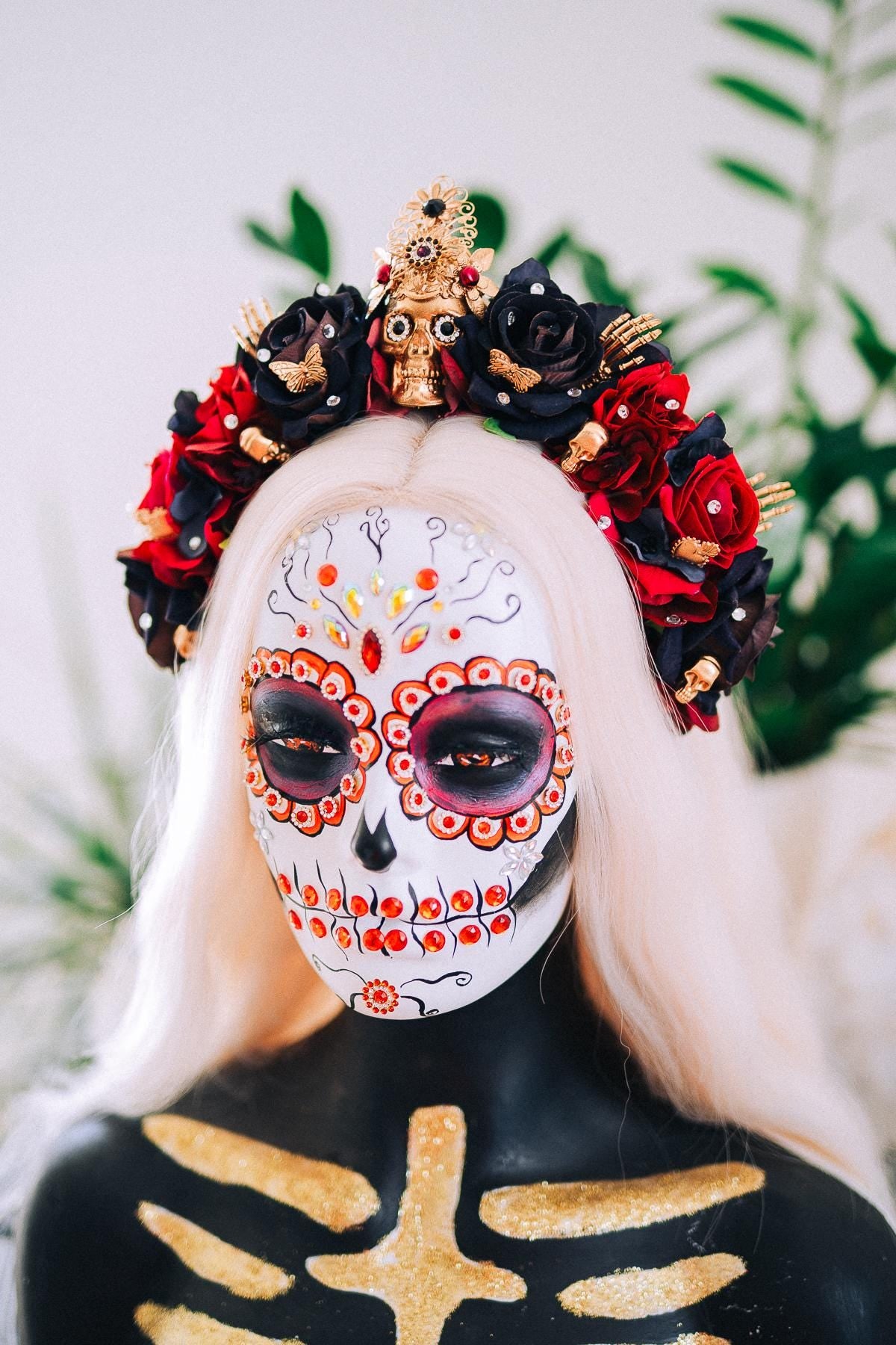 La Catrina Black Rose Crown, Día de los Muertos Headpiece, Mexican Floral Crown, Sugar Skull Crown, Artisan Flower Crown