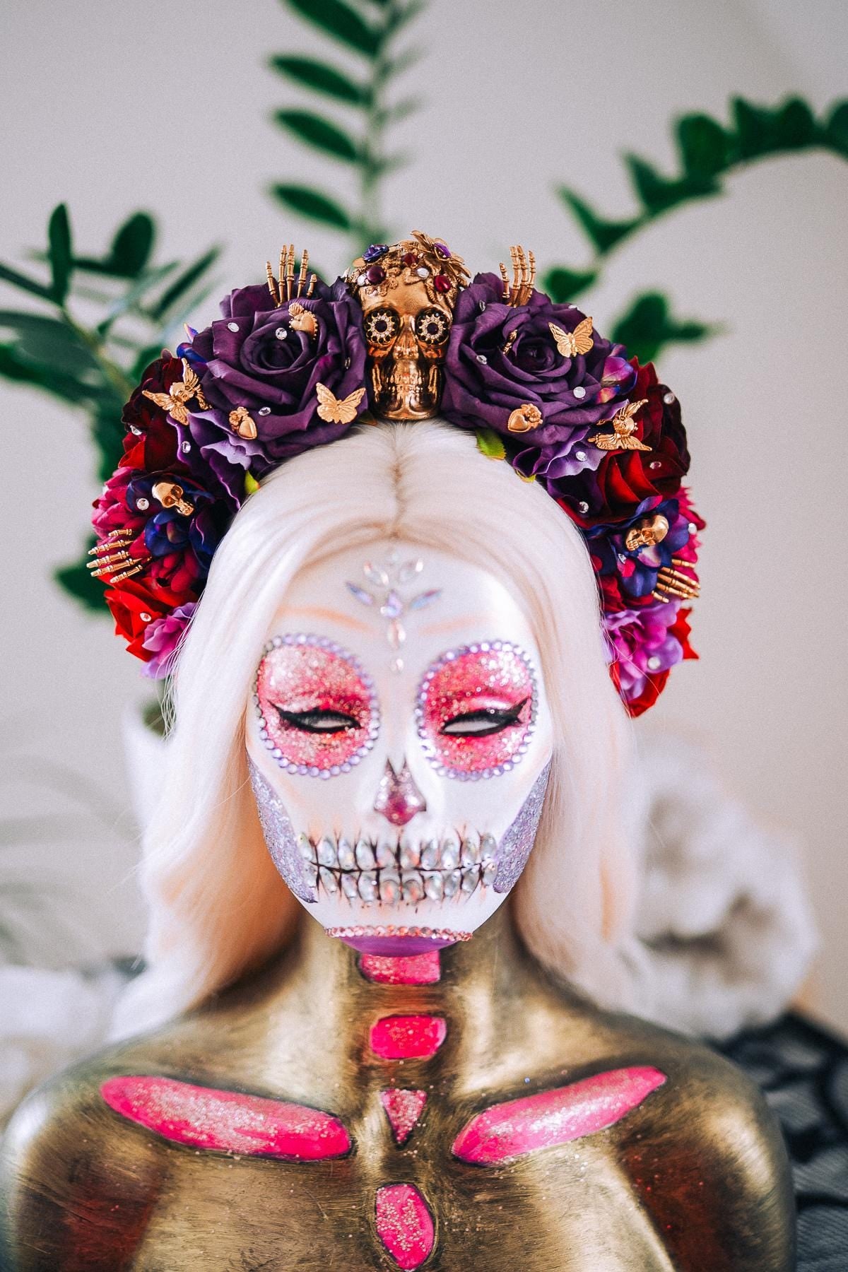 La Catrina Purple Rose Crown, Día de los Muertos Headpiece, Mexican Floral Crown, Sugar Skull Crown, Artisan Flower Crown