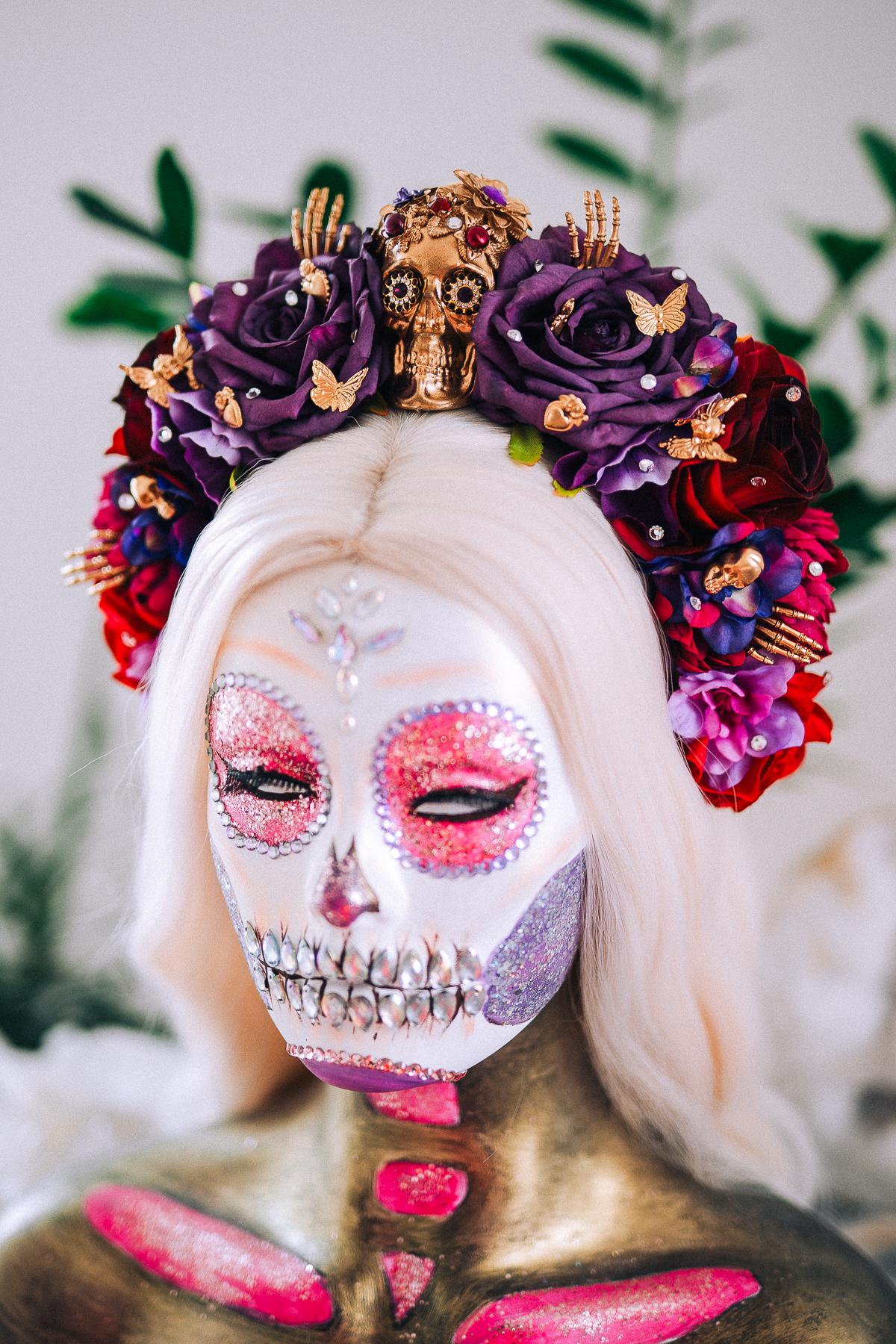 La Catrina Purple Rose Crown, Día de los Muertos Headpiece, Mexican Floral Crown, Sugar Skull Crown, Artisan Flower Crown