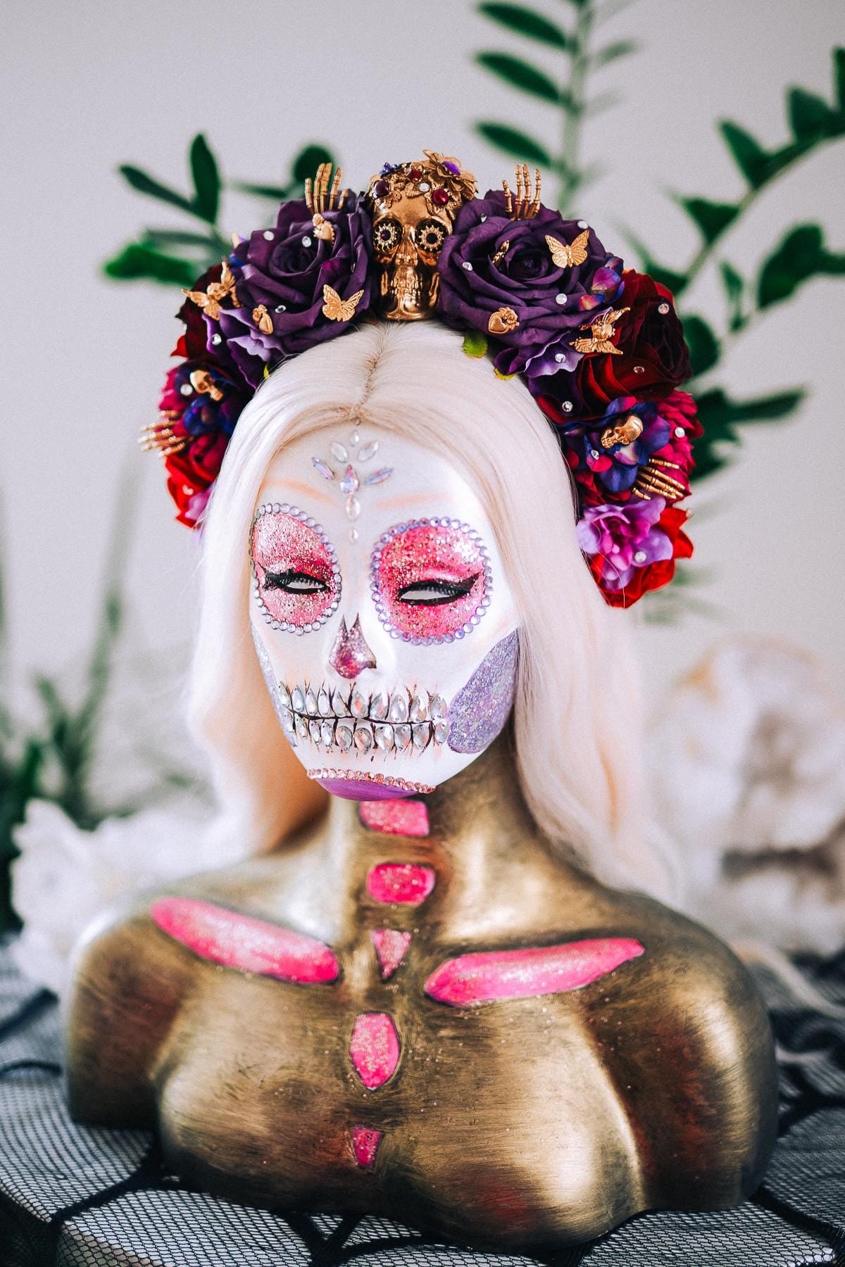 La Catrina Purple Rose Crown, Día de los Muertos Headpiece, Mexican Floral Crown, Sugar Skull Crown, Artisan Flower Crown