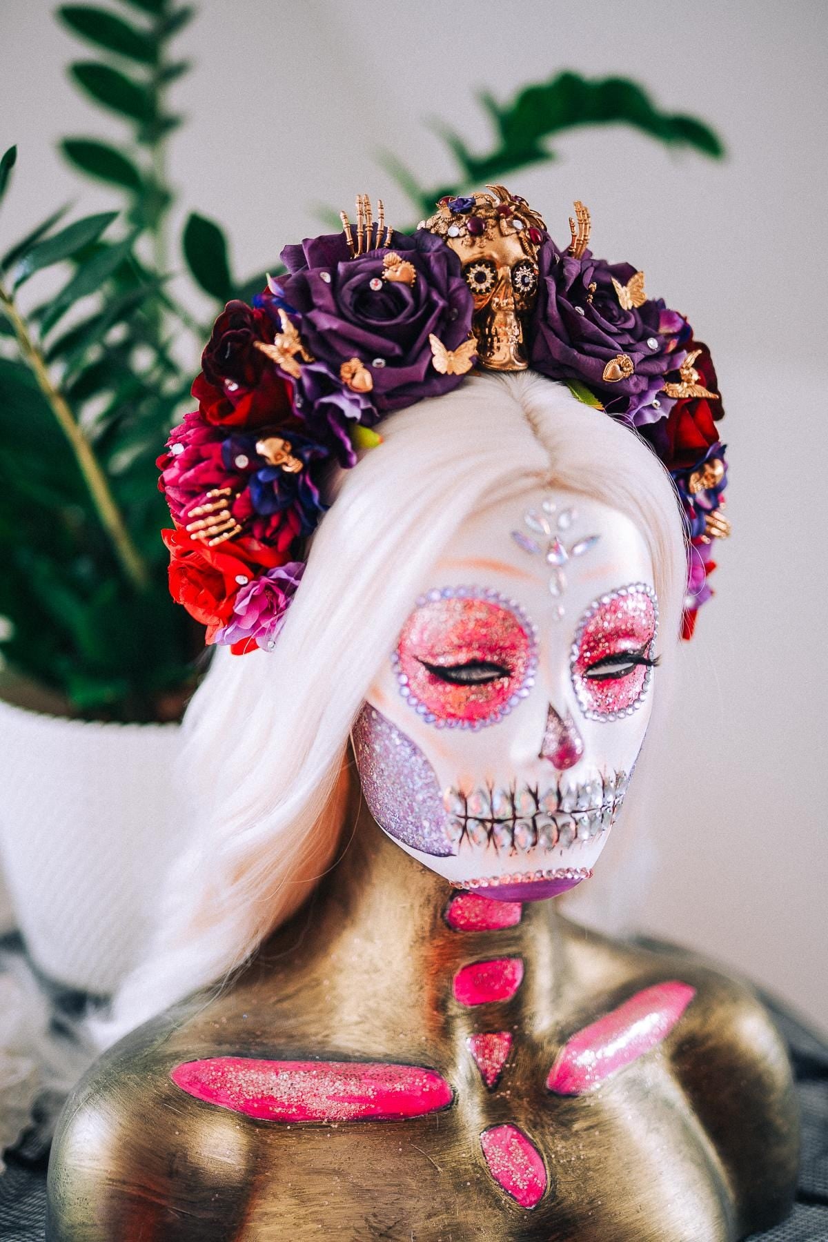 La Catrina Purple Rose Crown, Día de los Muertos Headpiece, Mexican Floral Crown, Sugar Skull Crown, Artisan Flower Crown