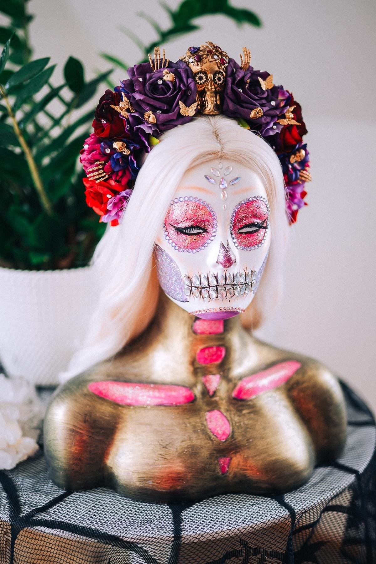 La Catrina Purple Rose Crown, Día de los Muertos Headpiece, Mexican Floral Crown, Sugar Skull Crown, Artisan Flower Crown