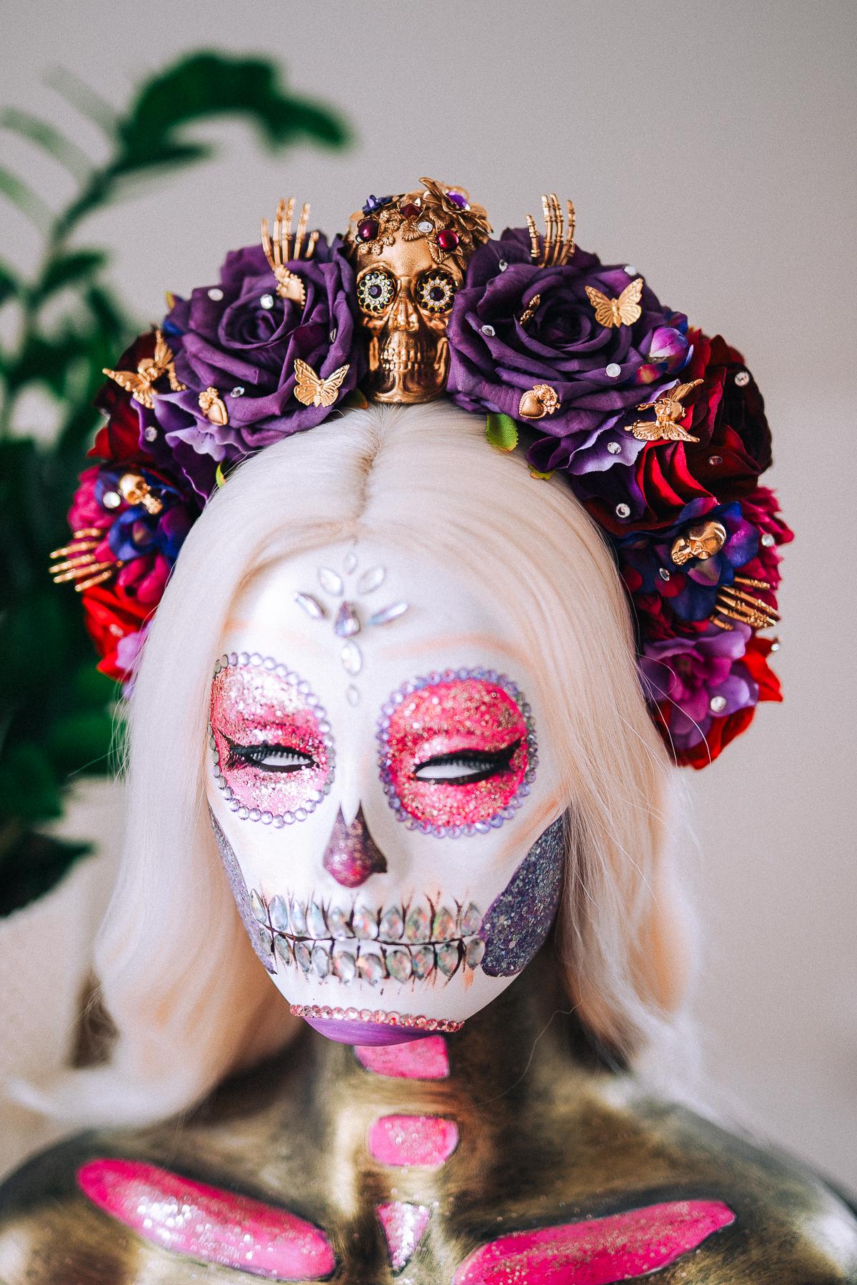 La Catrina Purple Rose Crown, Día de los Muertos Headpiece, Mexican Floral Crown, Sugar Skull Crown, Artisan Flower Crown