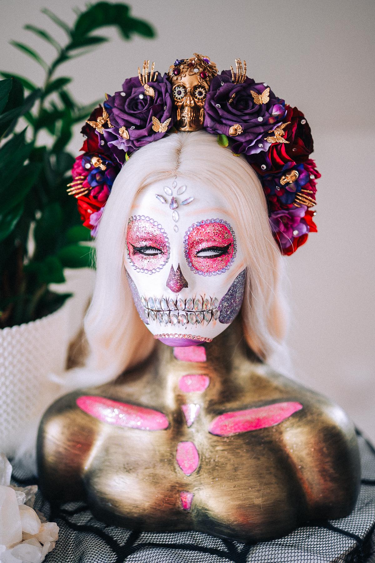 La Catrina Purple Rose Crown, Día de los Muertos Headpiece, Mexican Floral Crown, Sugar Skull Crown, Artisan Flower Crown