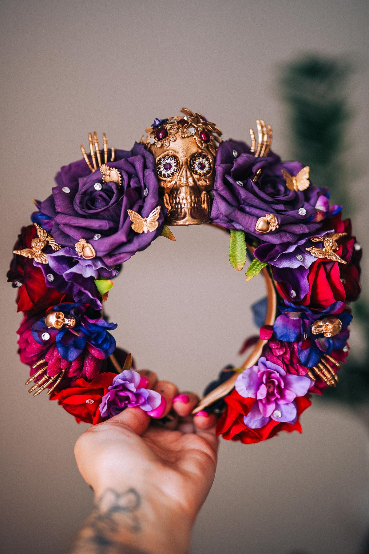 La Catrina Purple Rose Crown, Día de los Muertos Headpiece, Mexican Floral Crown, Sugar Skull Crown, Artisan Flower Crown