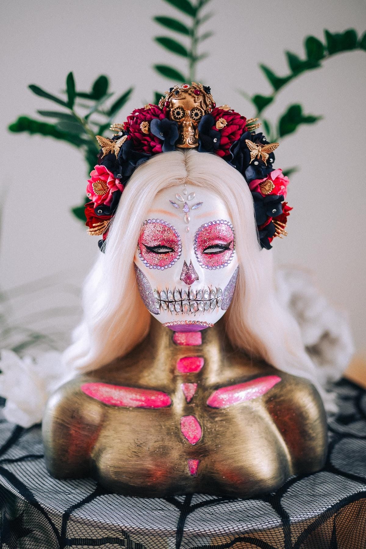 La Catrina Pink Floral Crown, Día de los Muertos Headpiece, Mexican Flower Crown, Sugar Skull Crown, Artisan Statement Crown