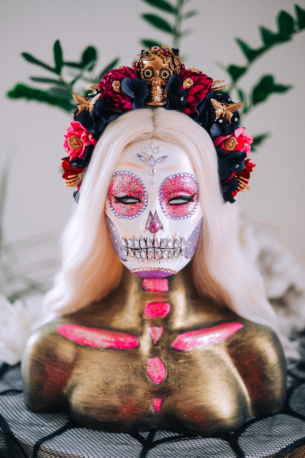 La Catrina Pink Floral Crown, Día de los Muertos Headpiece, Mexican Flower Crown, Sugar Skull Crown, Artisan Statement Crown